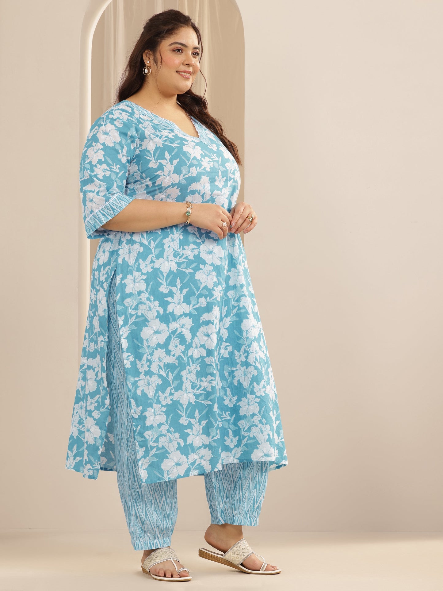 Plus Size Blue Printed Cotton Straight Suit Set With Dupatta
