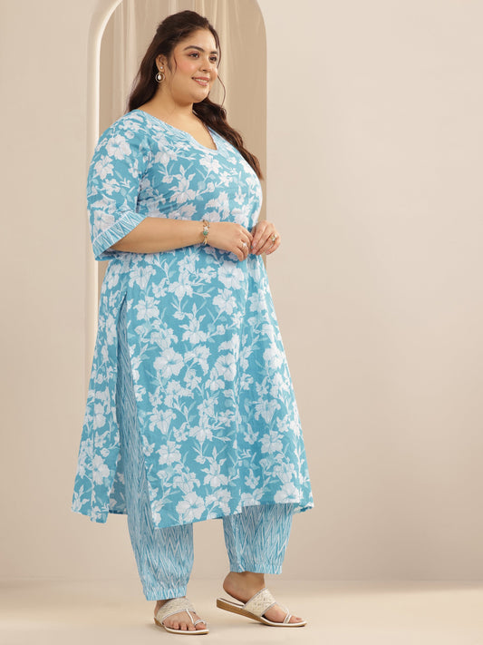 Plus Size Blue Printed Cotton Straight Suit Set With Dupatta