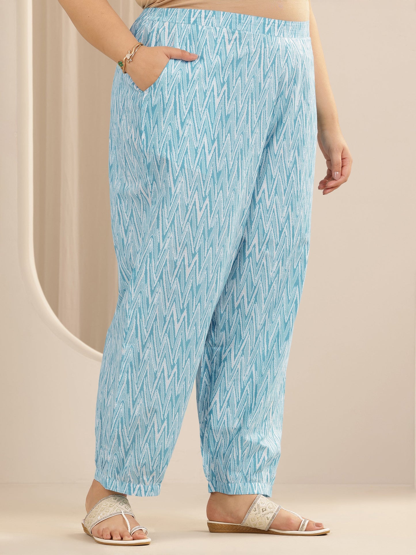 Plus Size Blue Printed Cotton Straight Suit Set With Dupatta