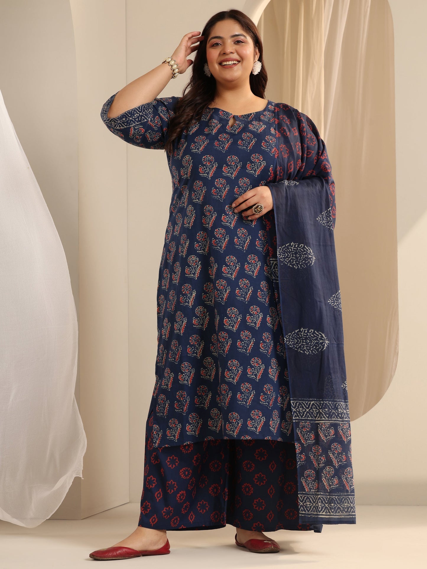 Plus Size Blue Printed Cotton Straight Suit Set With Dupatta