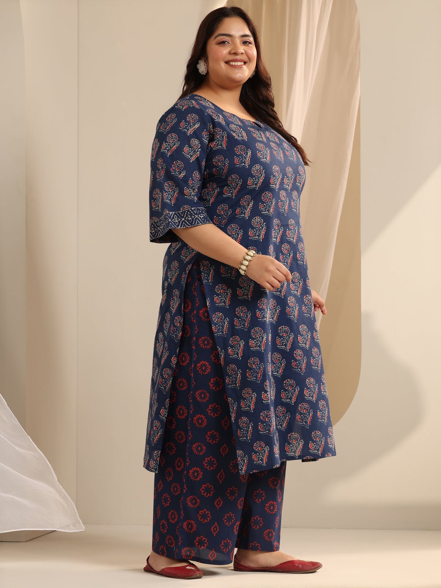 Plus Size Blue Printed Cotton Straight Suit Set With Dupatta