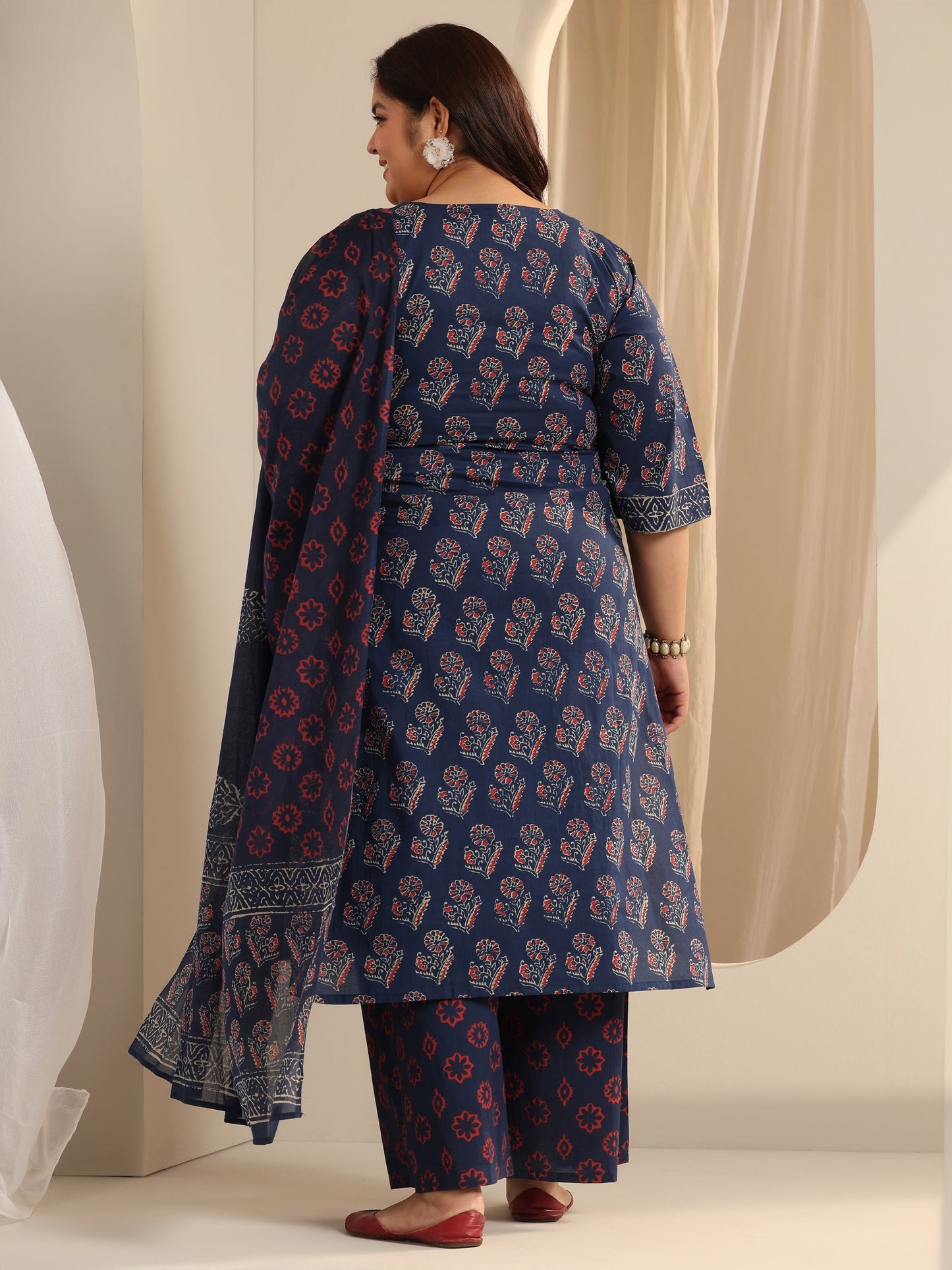 Plus Size Blue Printed Cotton Straight Suit Set With Dupatta