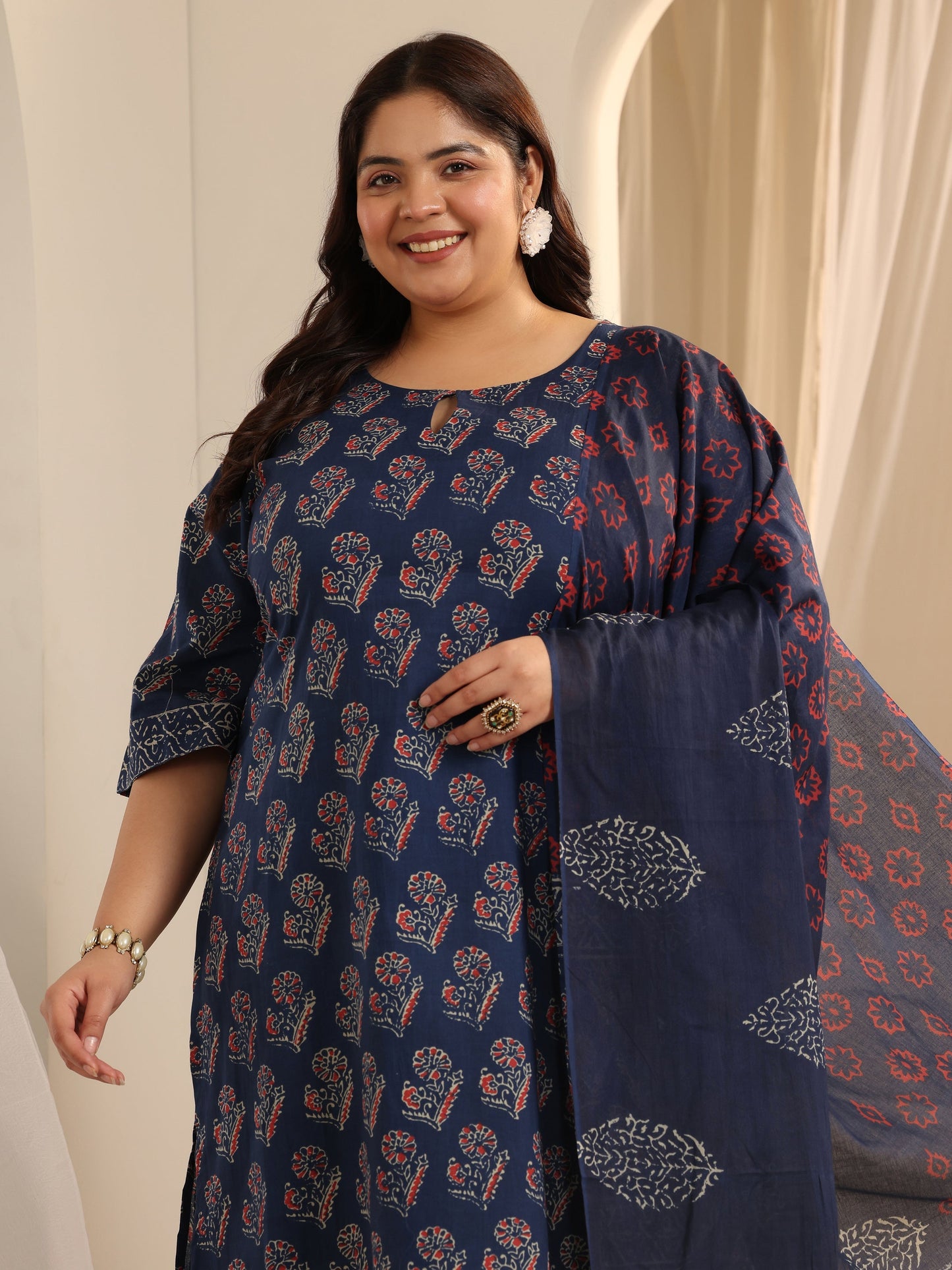Plus Size Blue Printed Cotton Straight Suit Set With Dupatta