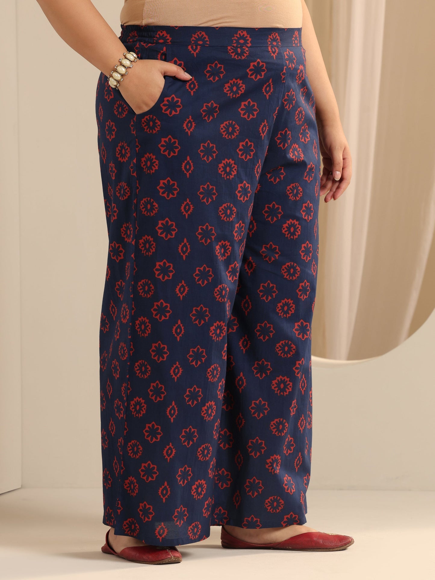 Plus Size Blue Printed Cotton Straight Suit Set With Dupatta