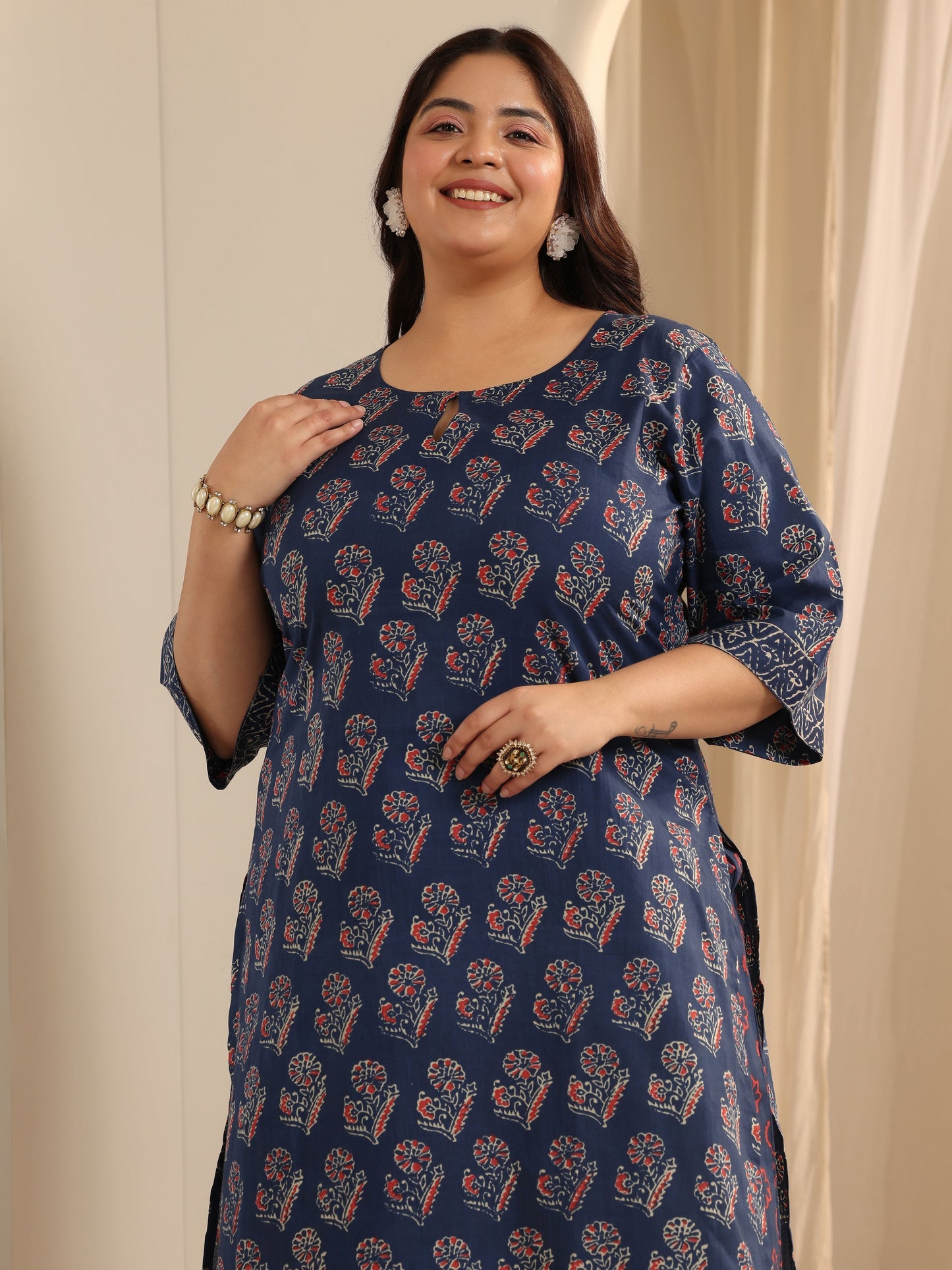 Plus Size Blue Printed Cotton Straight Suit Set With Dupatta