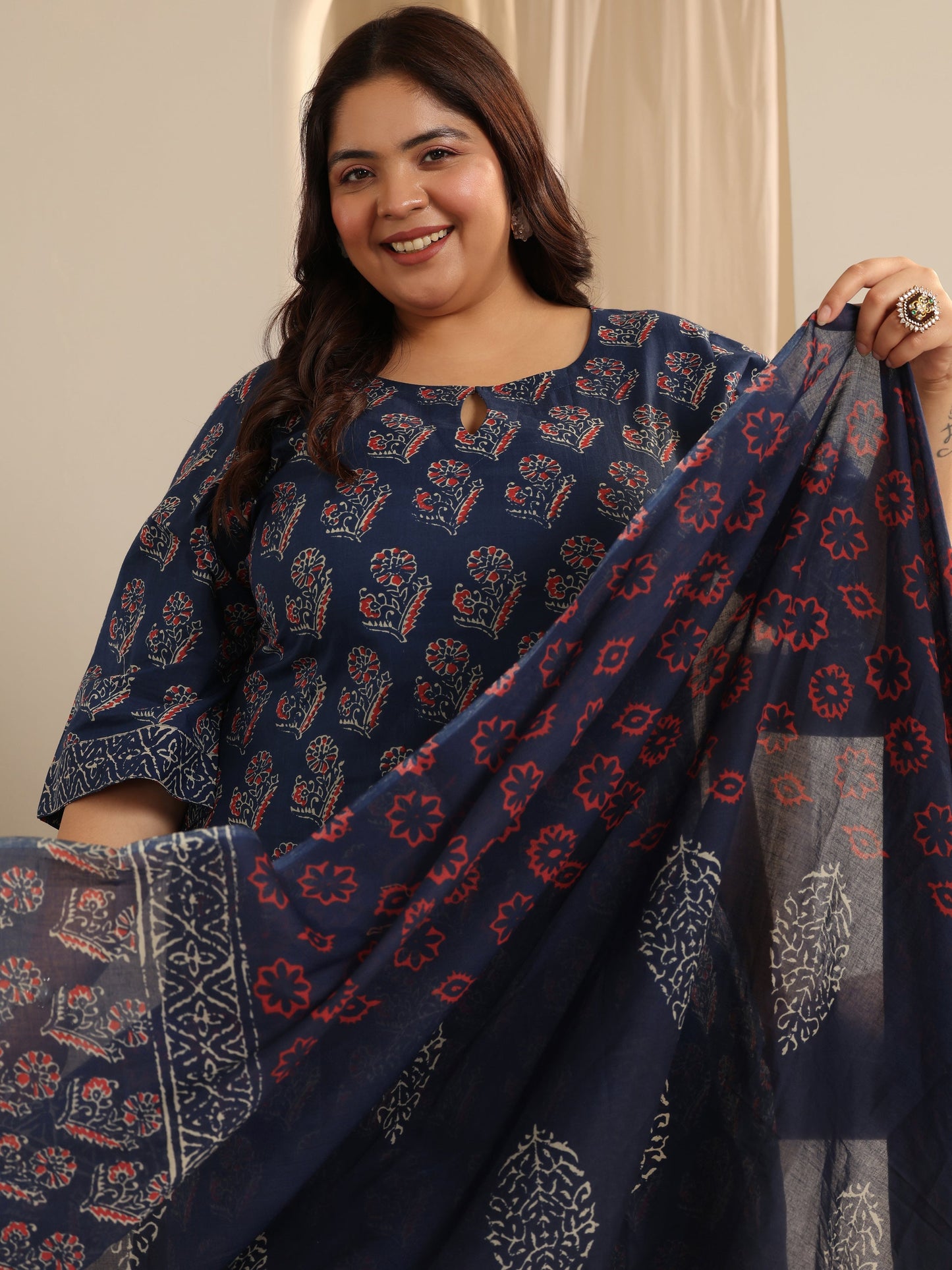 Plus Size Blue Printed Cotton Straight Suit Set With Dupatta