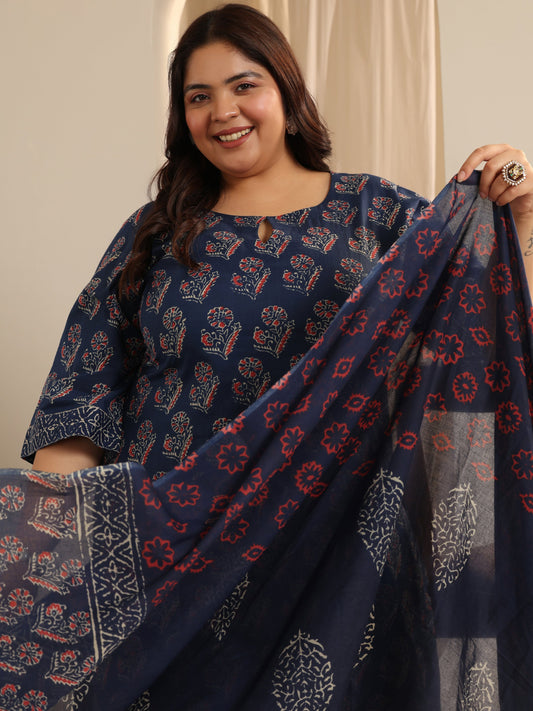 Plus Size Blue Printed Cotton Straight Suit Set With Dupatta