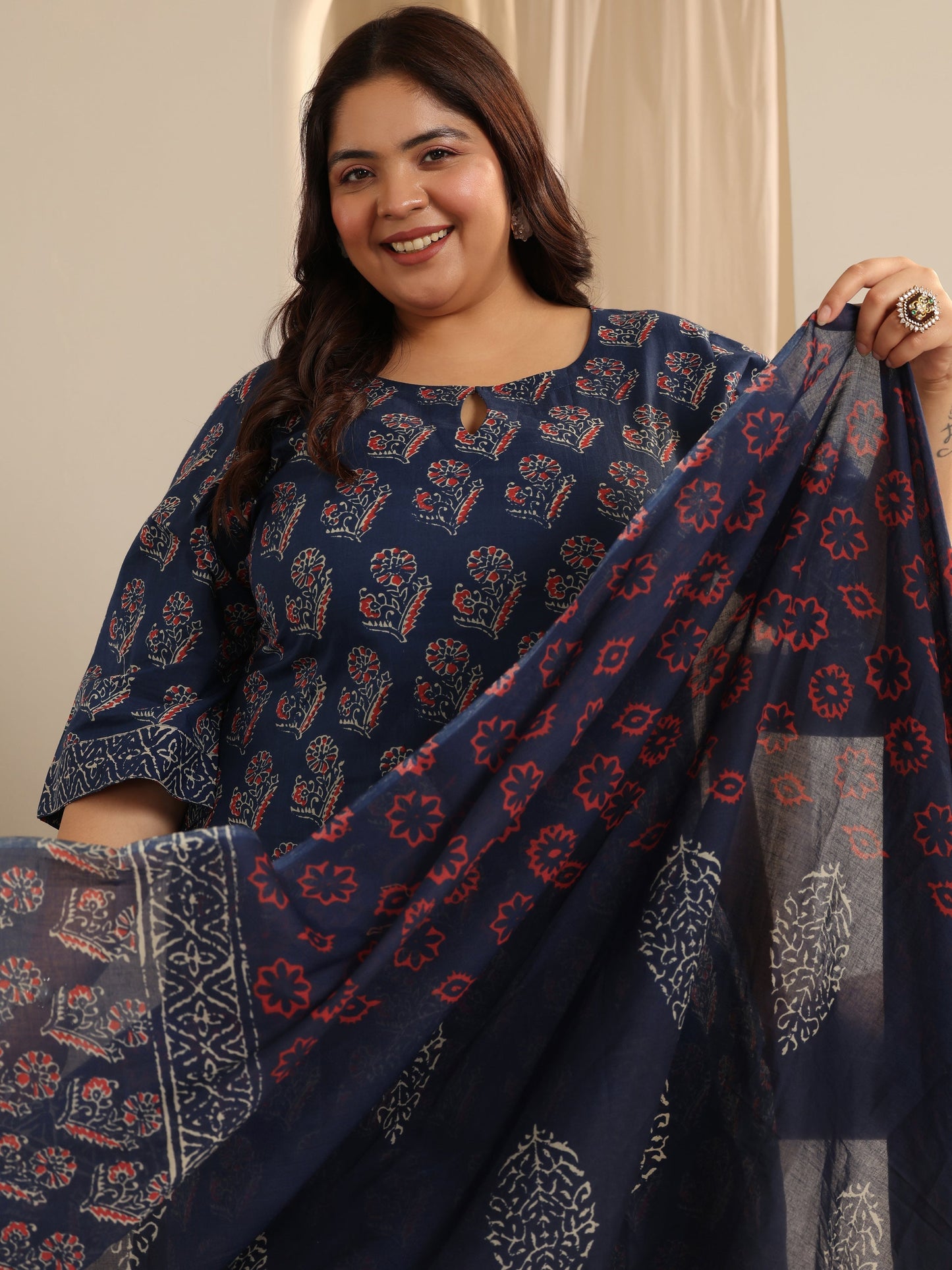 Plus Size Blue Printed Cotton Straight Suit Set With Dupatta