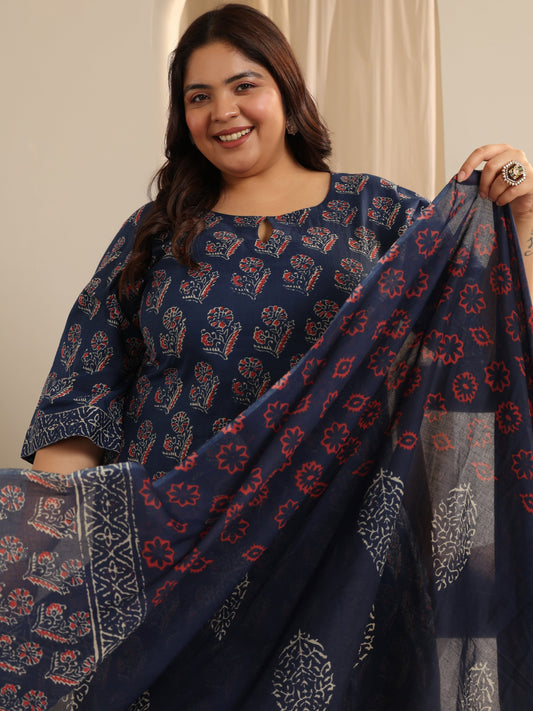 Plus Size Blue Printed Cotton Straight Suit Set With Dupatta