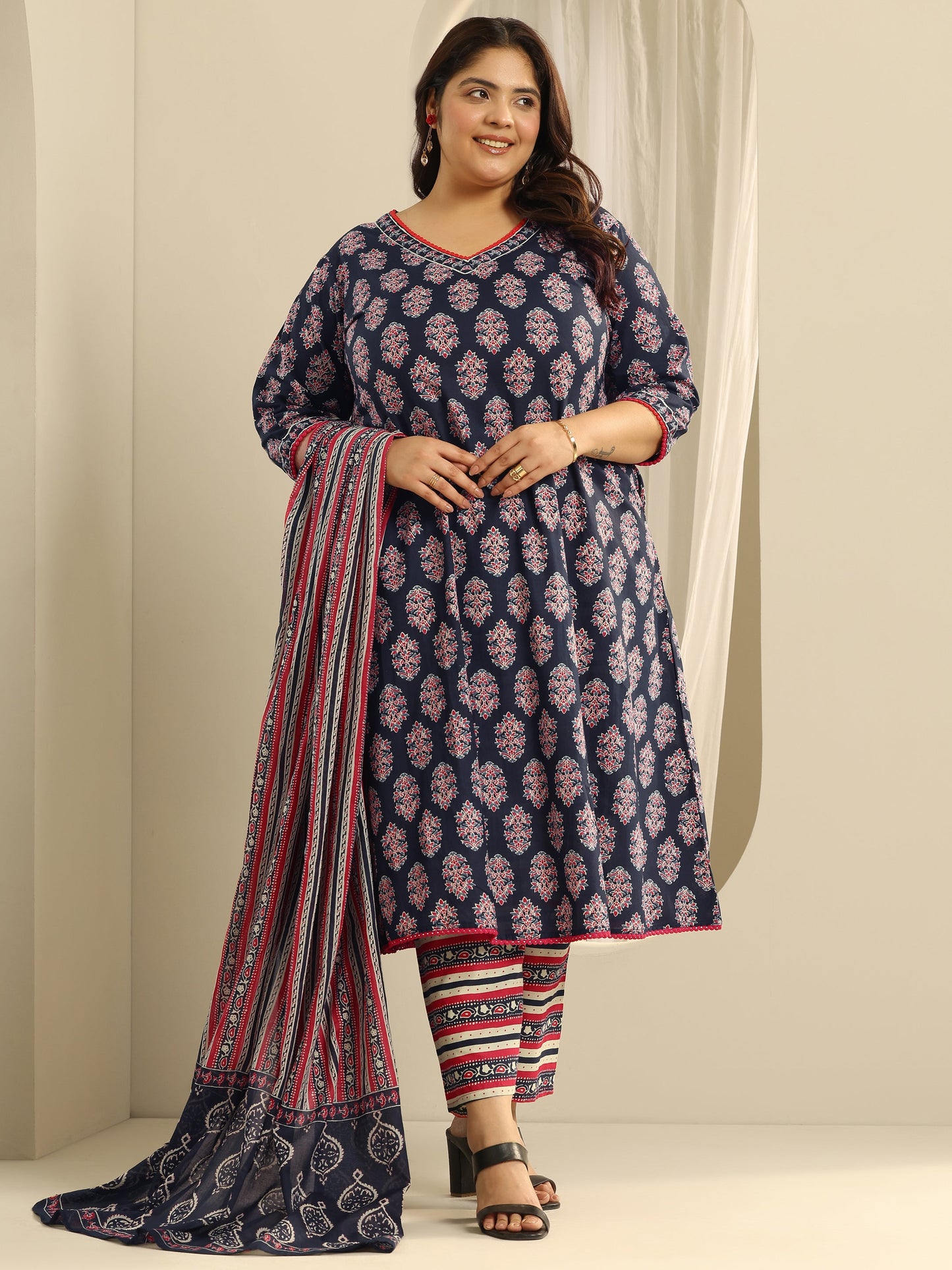 Plus Size Navy Blue Printed Cotton A-Line Suit Set With Dupatta