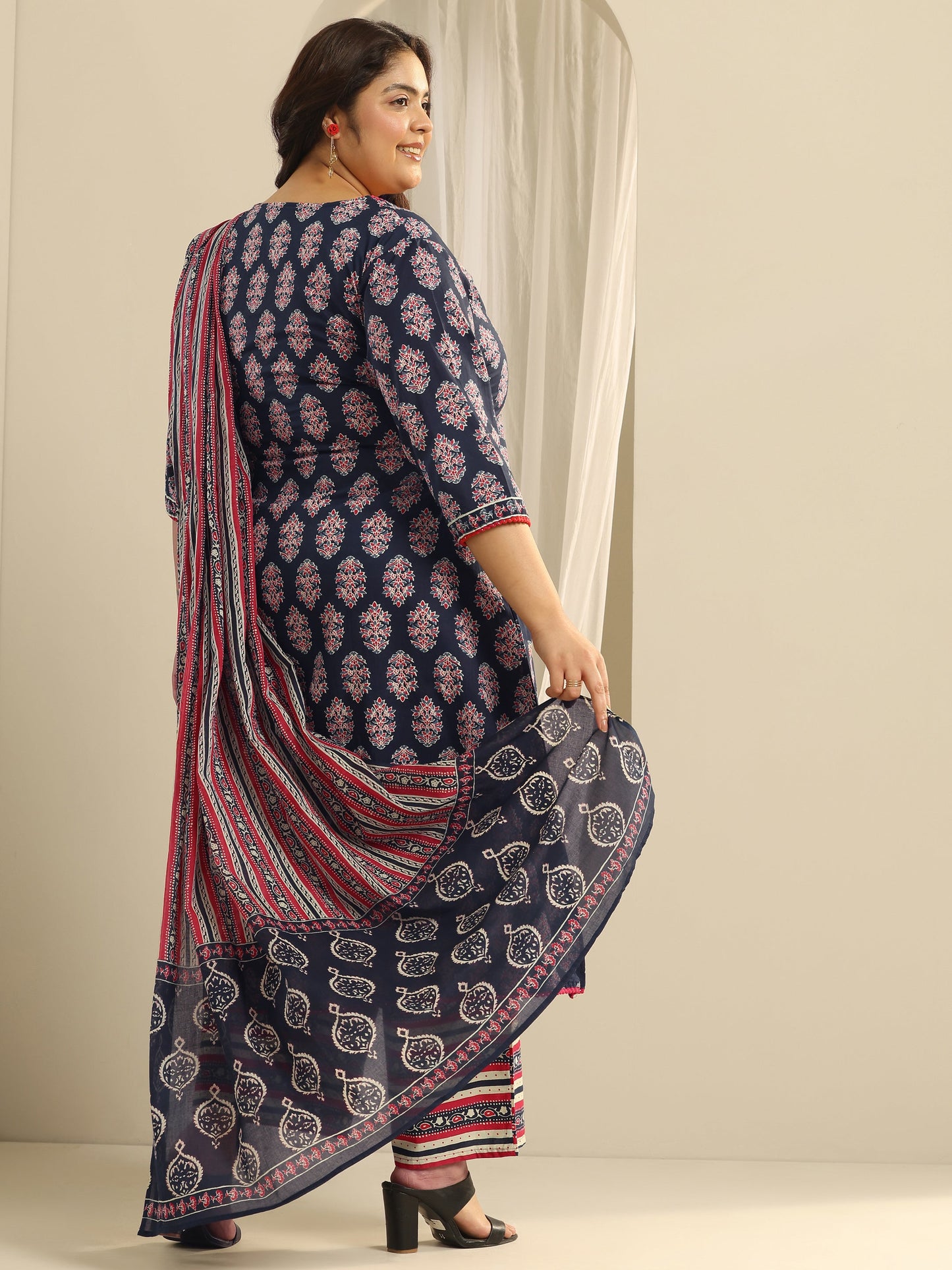 Plus Size Navy Blue Printed Cotton A-Line Suit Set With Dupatta