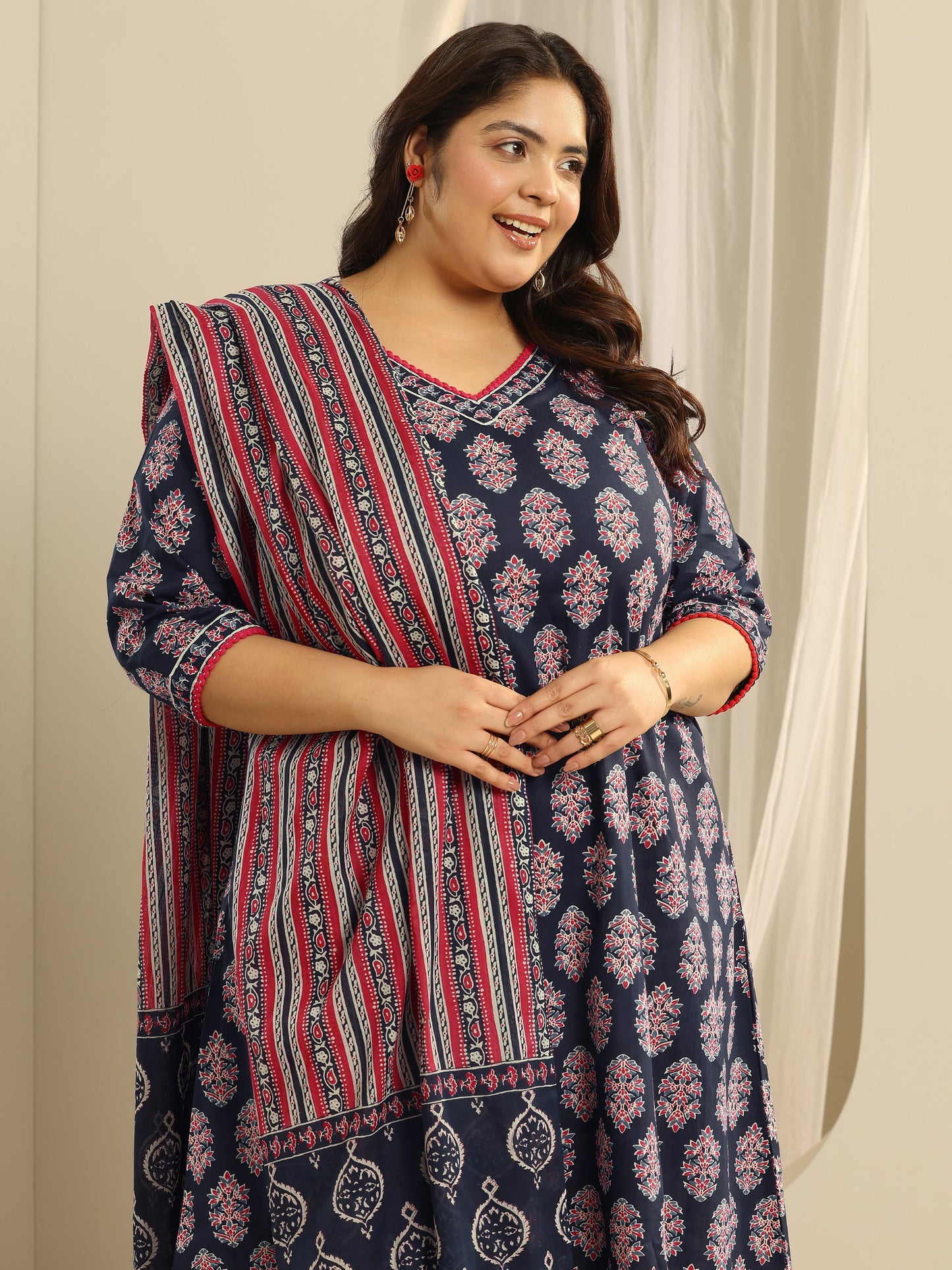 Plus Size Navy Blue Printed Cotton A-Line Suit Set With Dupatta