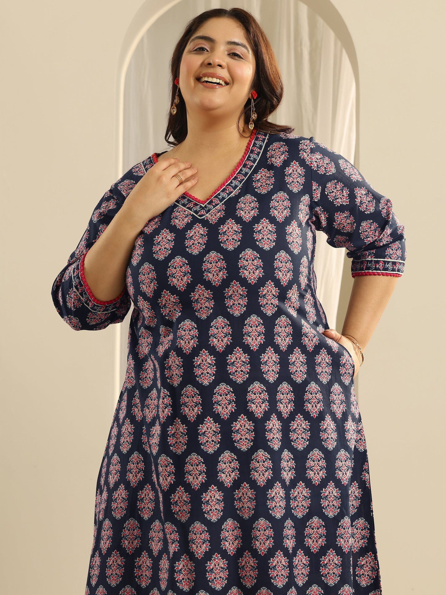Plus Size Navy Blue Printed Cotton A-Line Suit Set With Dupatta