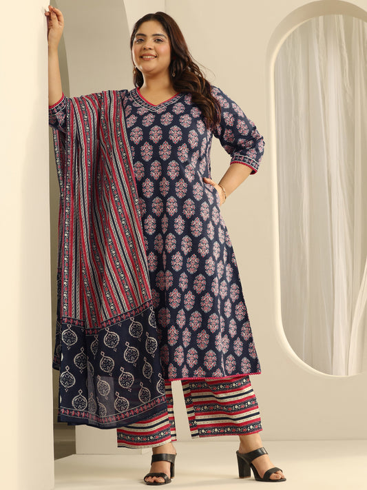 Plus Size Navy Blue Printed Cotton A-Line Suit Set With Dupatta