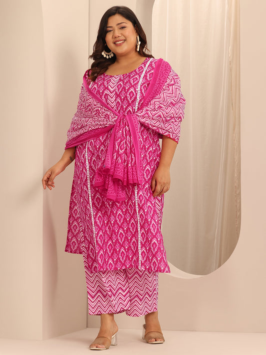Plus Size Pink Printed Cotton Straight Suit Set With Dupatta