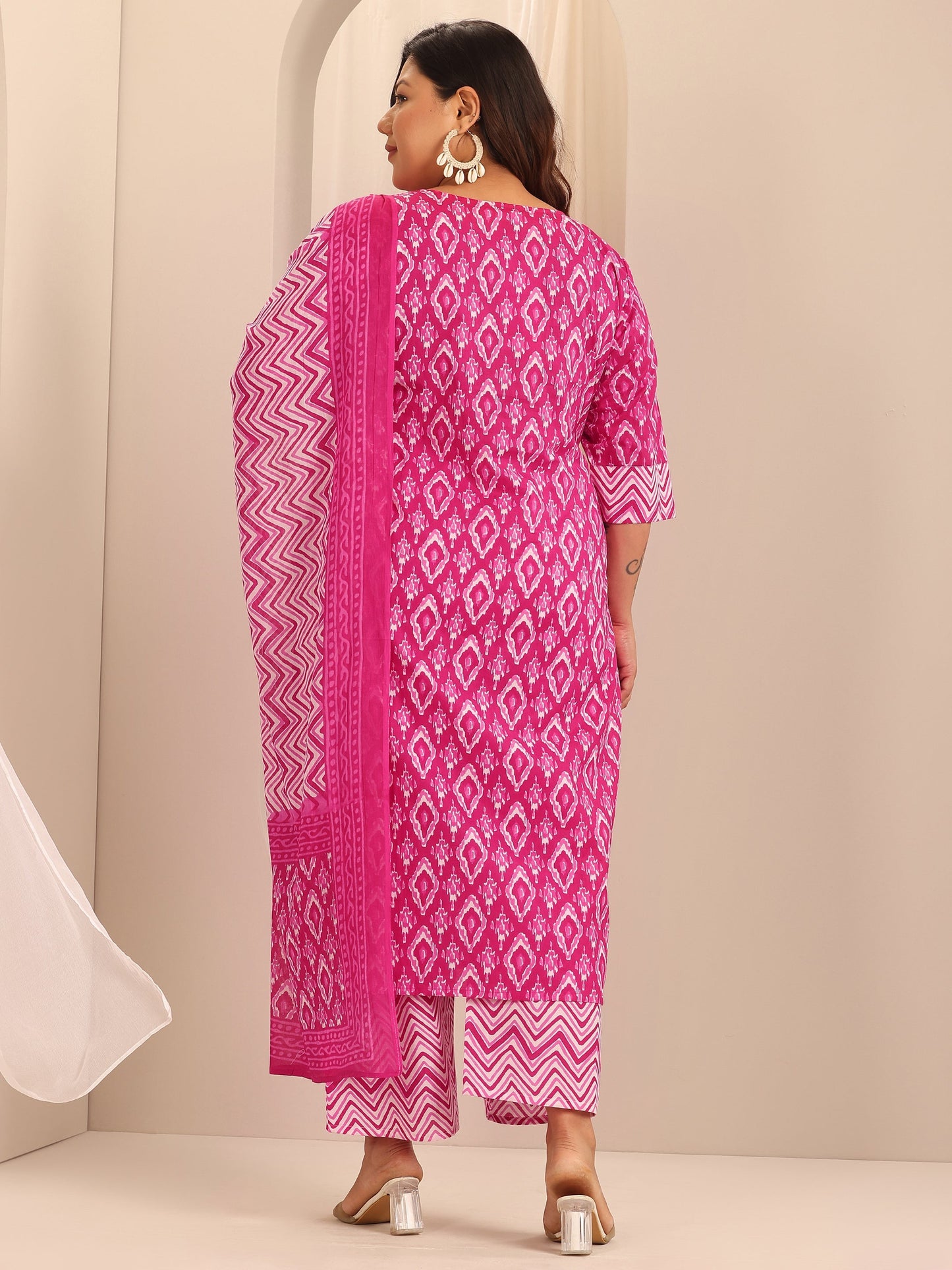 Plus Size Pink Printed Cotton Straight Suit Set With Dupatta