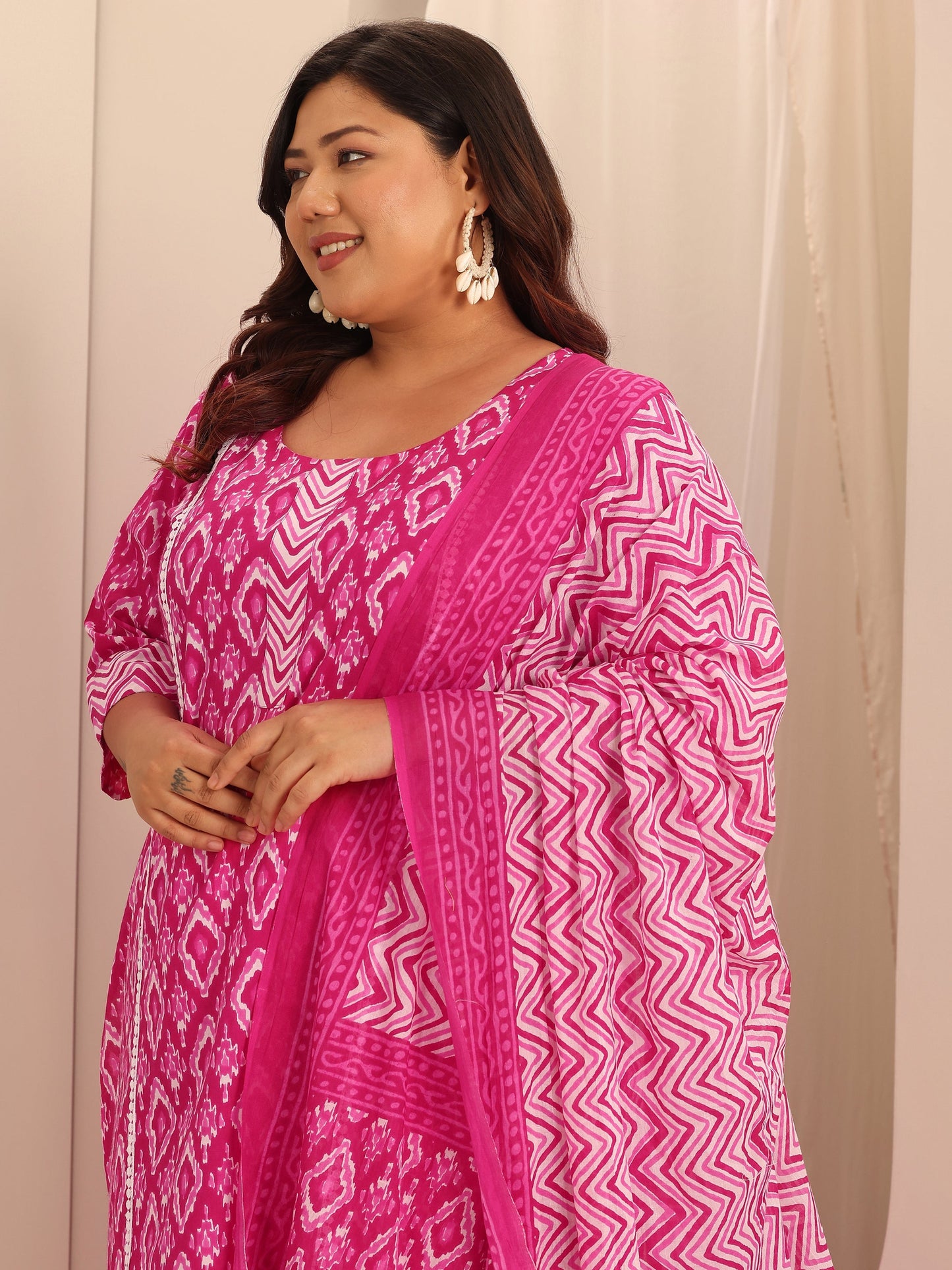 Plus Size Pink Printed Cotton Straight Suit Set With Dupatta