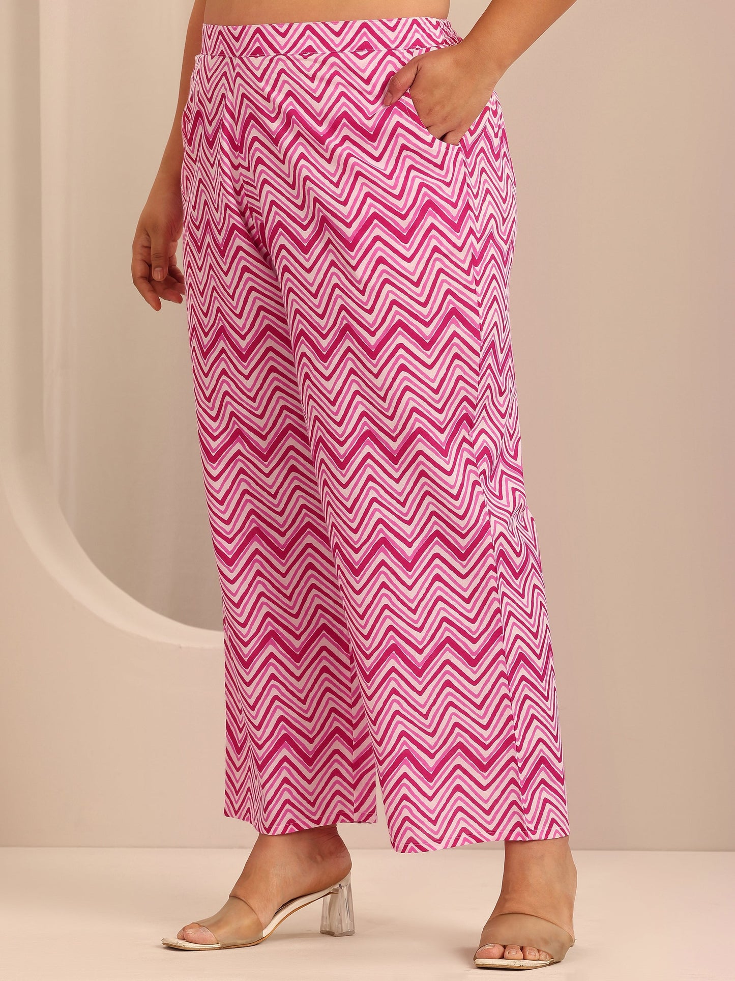 Plus Size Pink Printed Cotton Straight Suit Set With Dupatta
