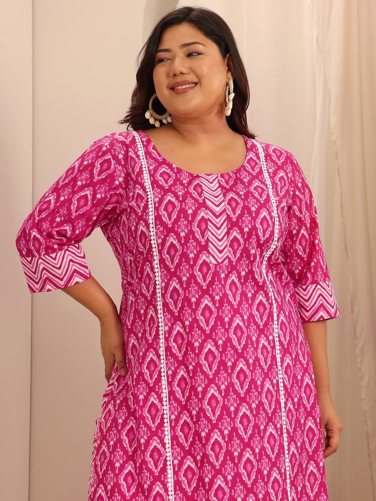 Plus Size Pink Printed Cotton Straight Suit Set With Dupatta