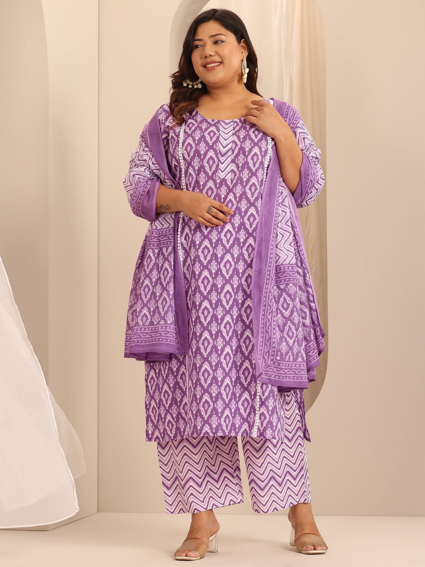 Plus Size Purple Printed Cotton Straight Suit Set With Dupatta