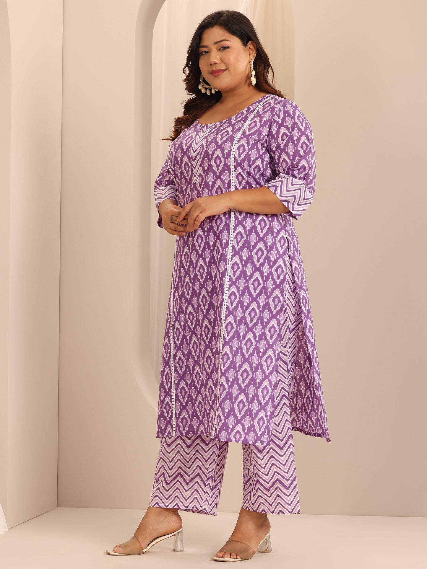 Plus Size Purple Printed Cotton Straight Suit Set With Dupatta
