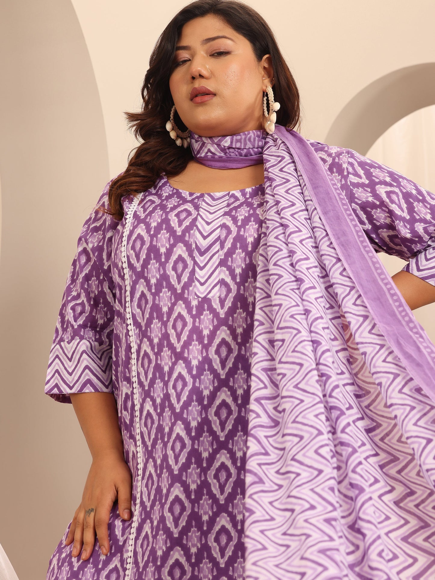 Plus Size Purple Printed Cotton Straight Suit Set With Dupatta