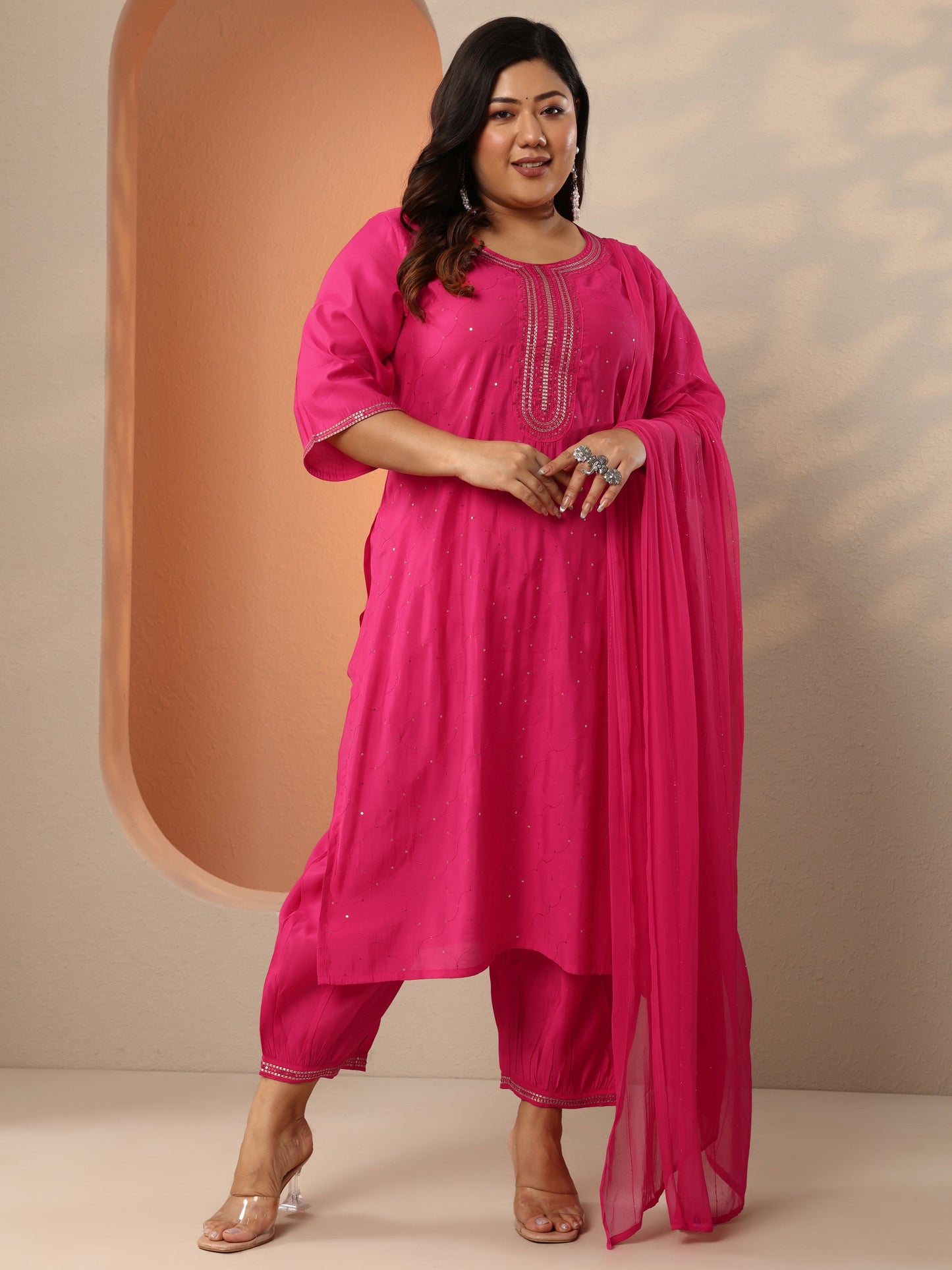 Plus Size Pink Embellished Silk Blend Straight Suit Set With Dupatta