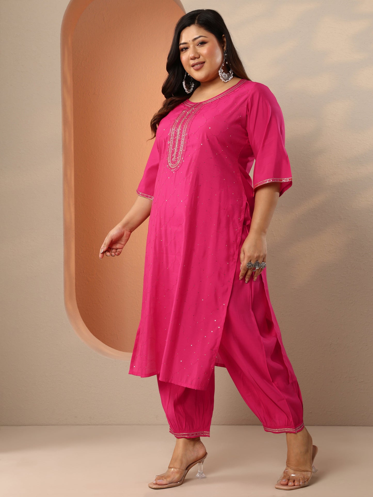 Plus Size Pink Embellished Silk Blend Straight Suit Set With Dupatta