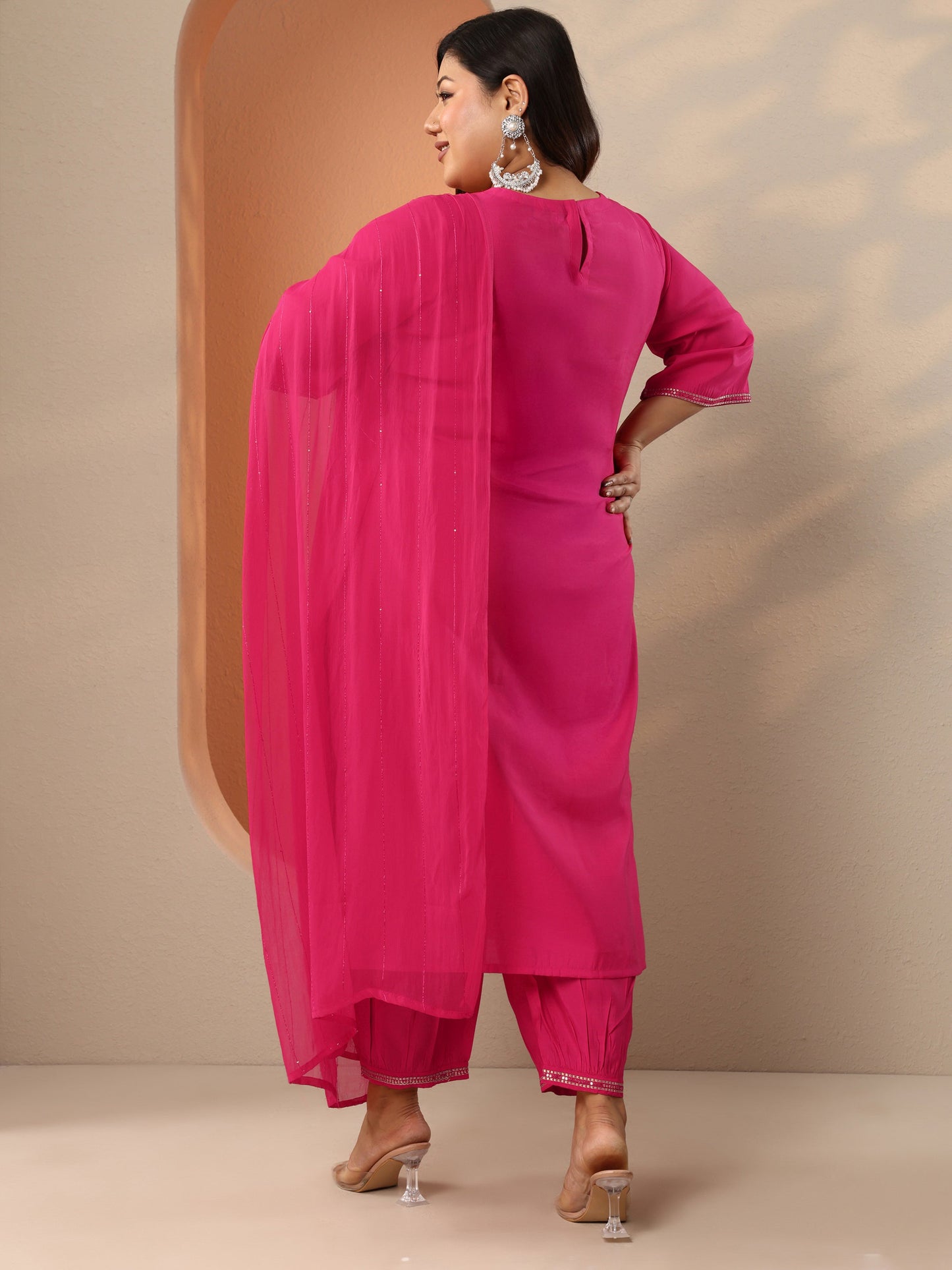 Plus Size Pink Embellished Silk Blend Straight Suit Set With Dupatta