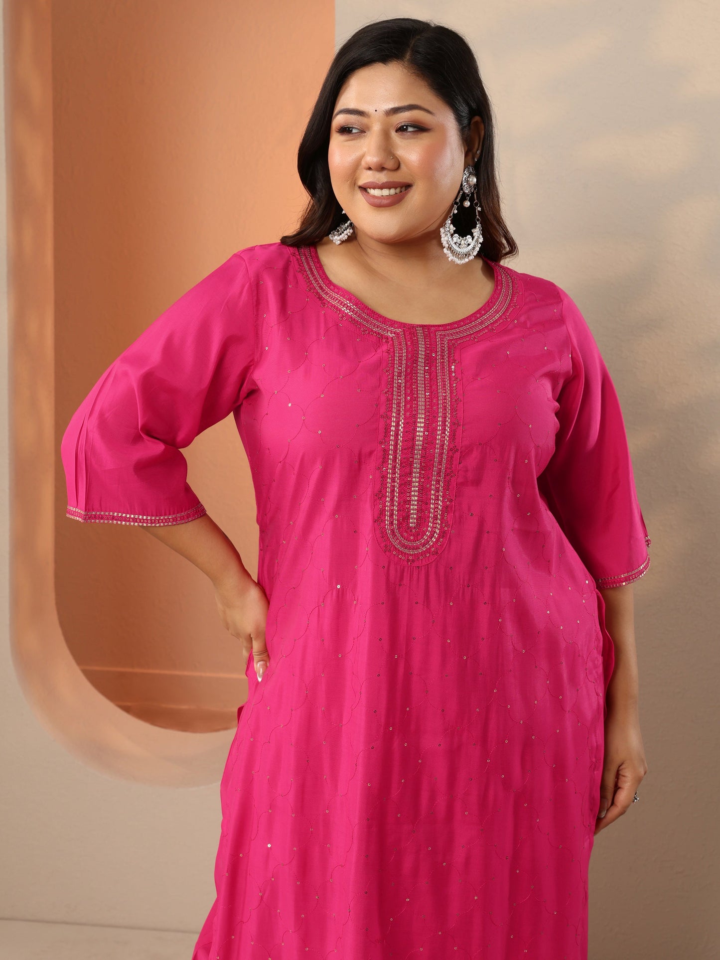 Plus Size Pink Embellished Silk Blend Straight Suit Set With Dupatta