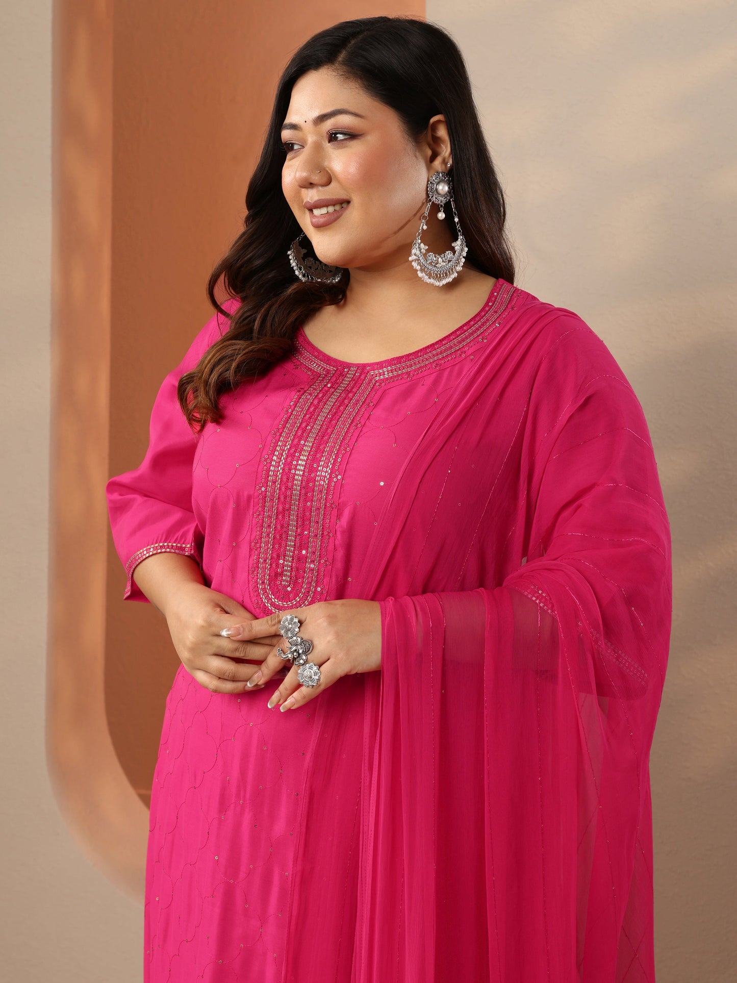 Plus Size Pink Embellished Silk Blend Straight Suit Set With Dupatta