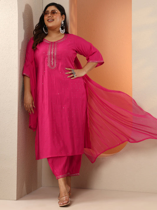 Plus Size Pink Embellished Silk Blend Straight Suit Set With Dupatta