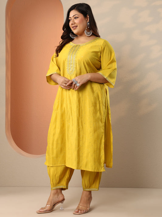 Plus Size Yellow Embellished Silk Blend Straight Suit Set With Dupatta