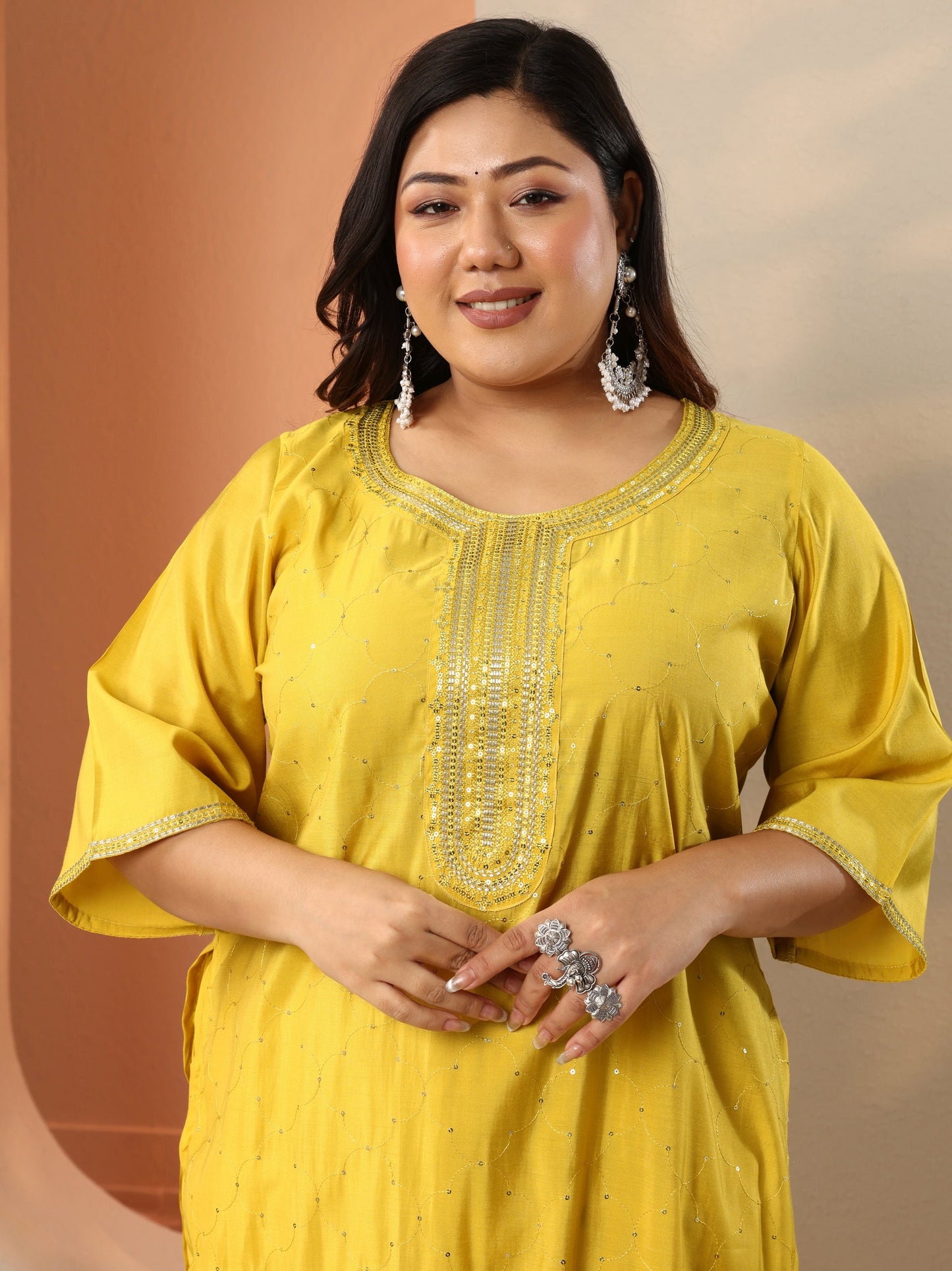 Plus Size Yellow Embellished Silk Blend Straight Suit Set With Dupatta