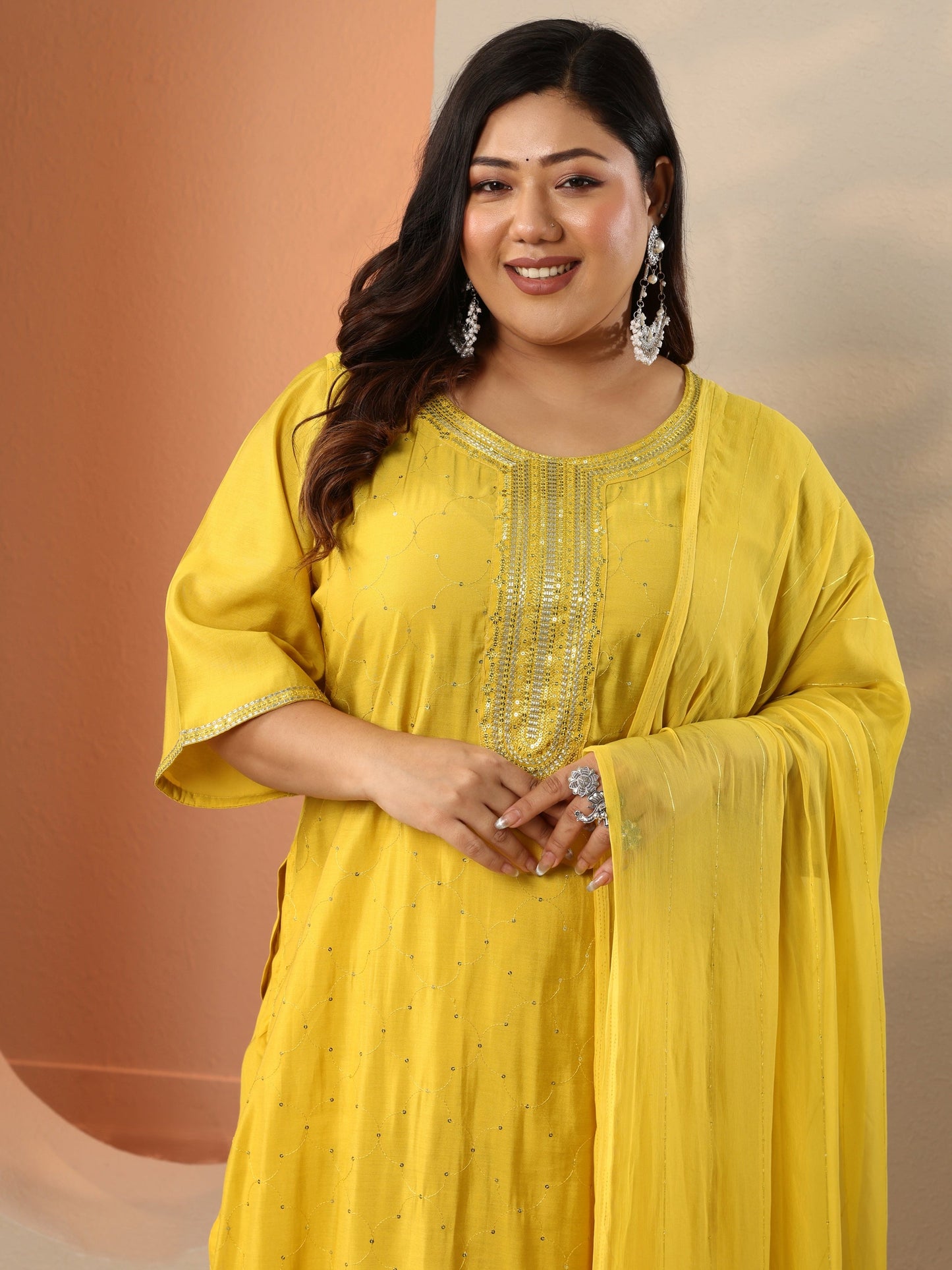 Plus Size Yellow Embellished Silk Blend Straight Suit Set With Dupatta