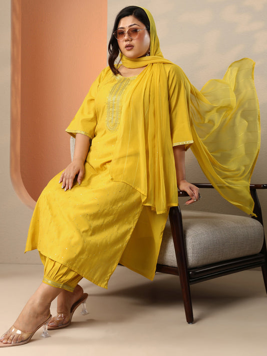 Plus Size Yellow Embellished Silk Blend Straight Suit Set With Dupatta
