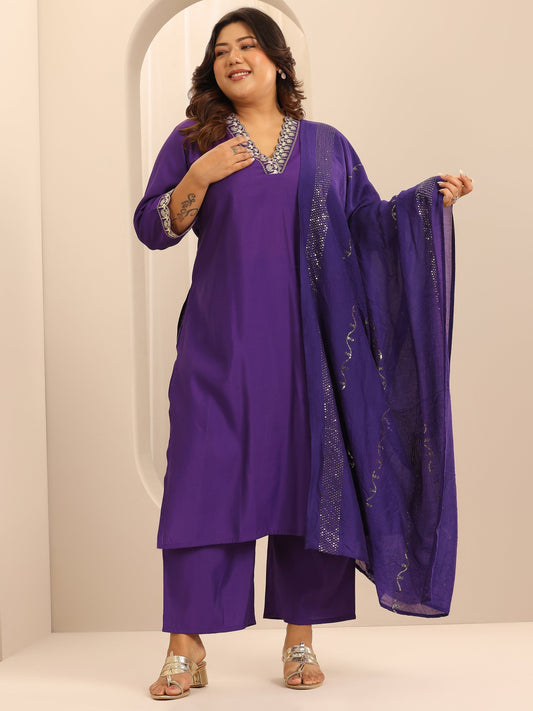 Plus Size Purple Embellished Silk Blend Straight Suit Set With Dupatta