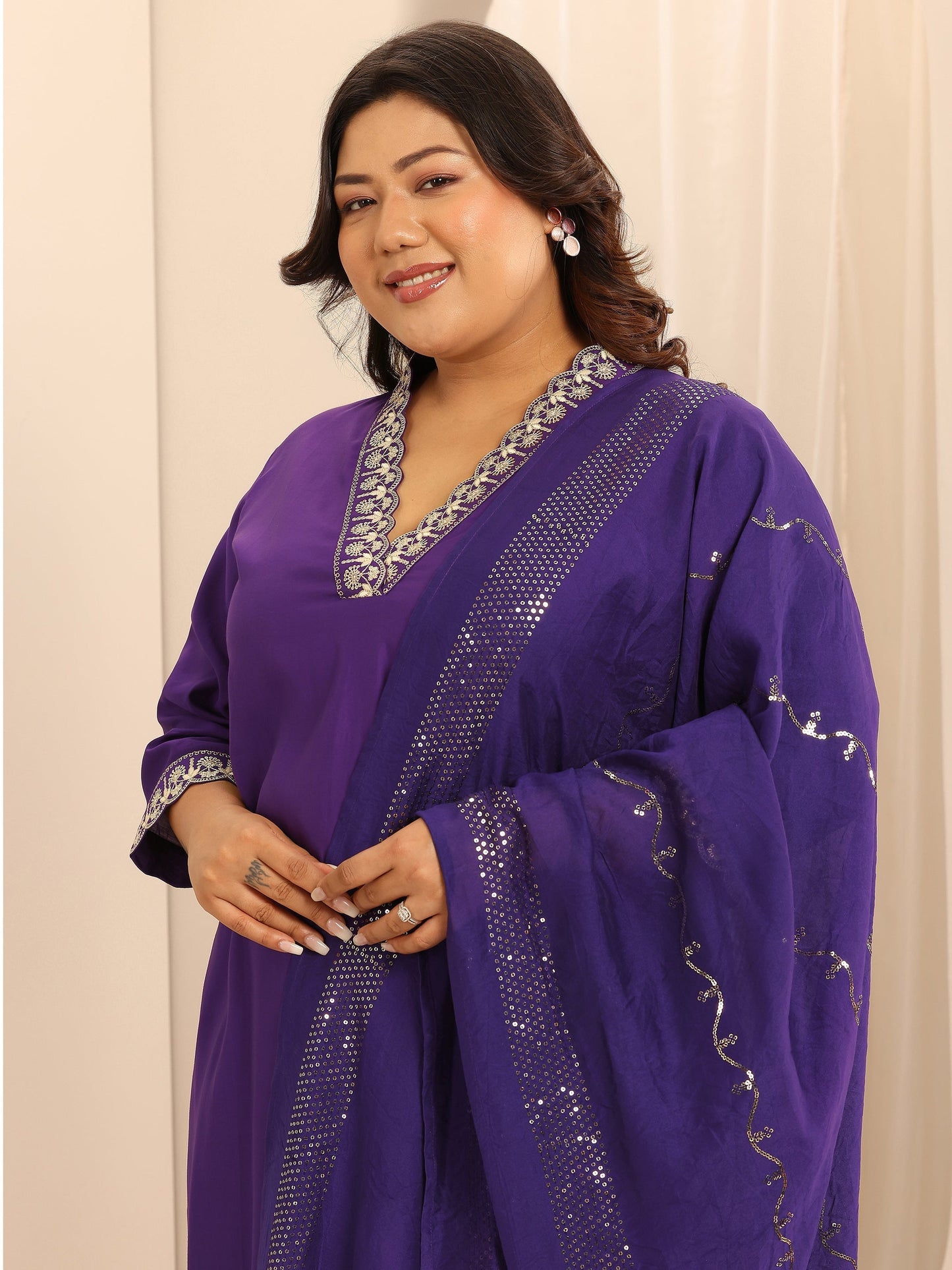 Plus Size Purple Embellished Silk Blend Straight Suit Set With Dupatta