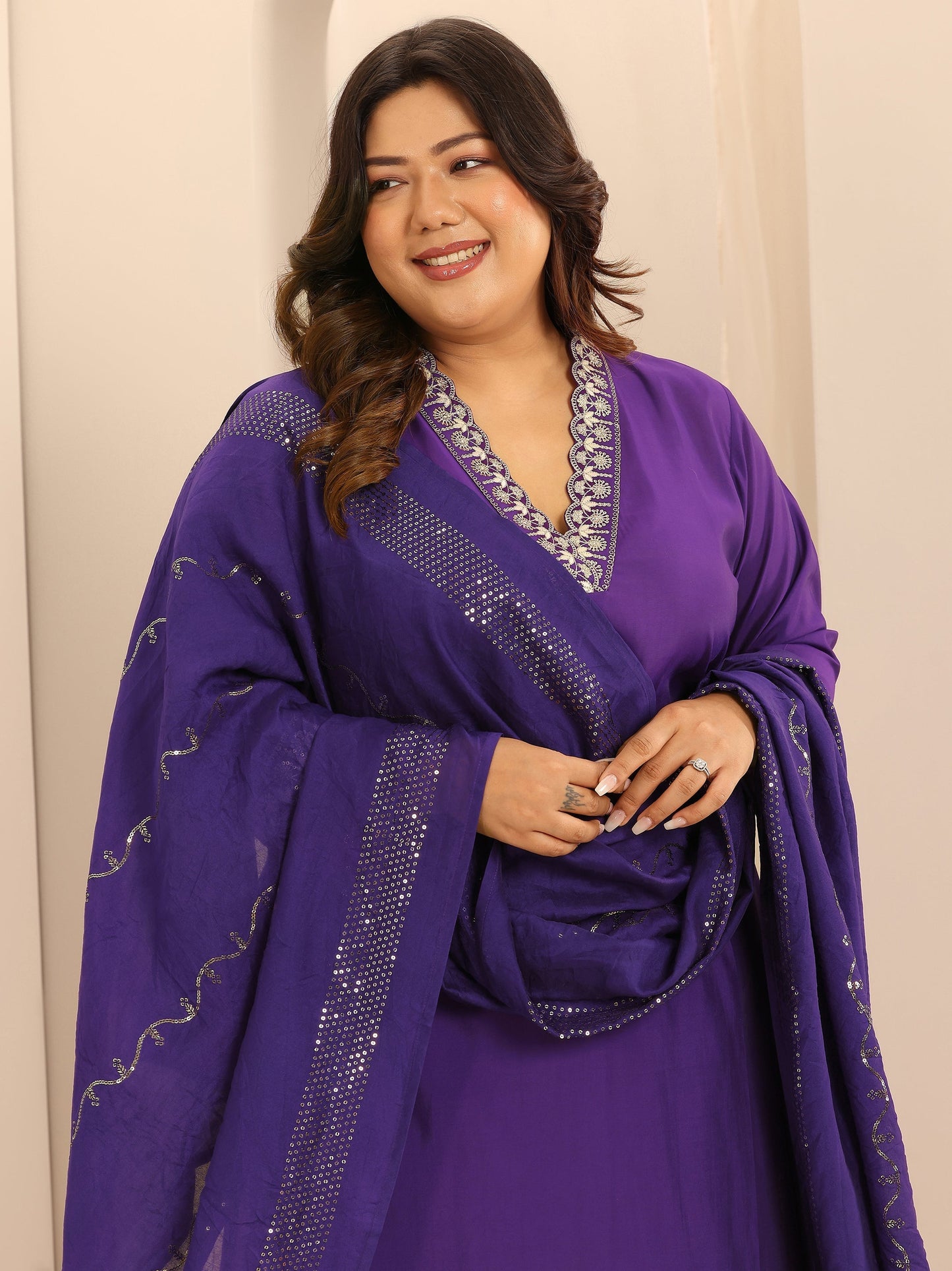 Plus Size Purple Embellished Silk Blend Straight Suit Set With Dupatta