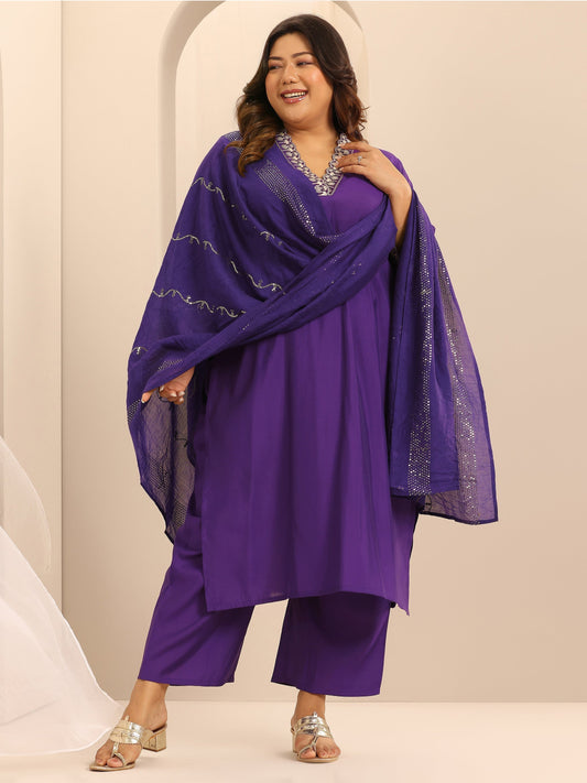 Plus Size Purple Embellished Silk Blend Straight Suit Set With Dupatta