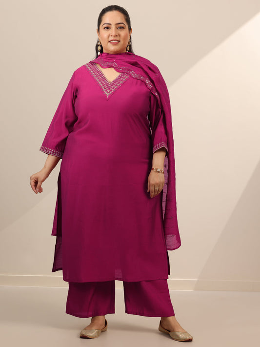 Plus Size Burgundy Yoke Design Silk Blend Straight Suit Set With Dupatta