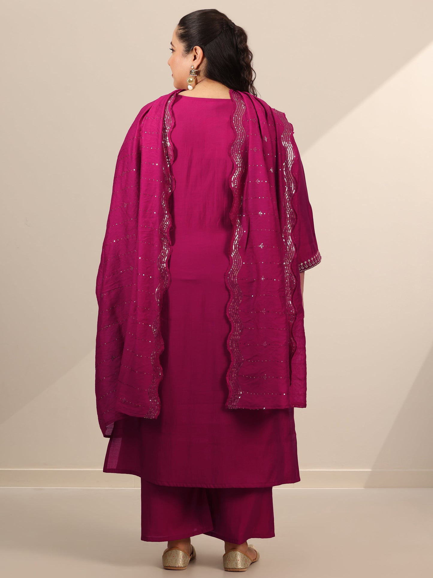 Plus Size Burgundy Yoke Design Silk Blend Straight Suit Set With Dupatta
