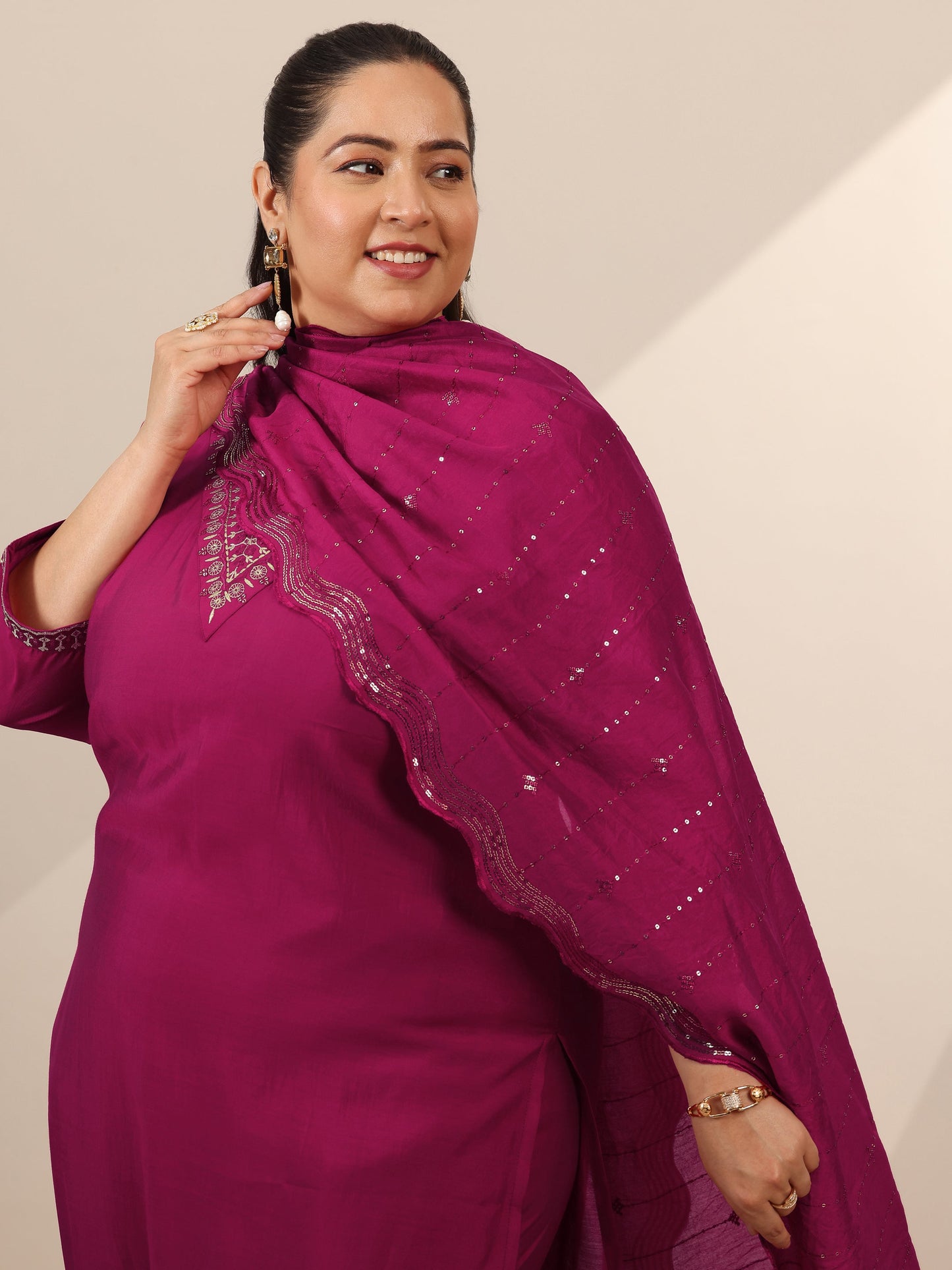 Plus Size Burgundy Yoke Design Silk Blend Straight Suit Set With Dupatta