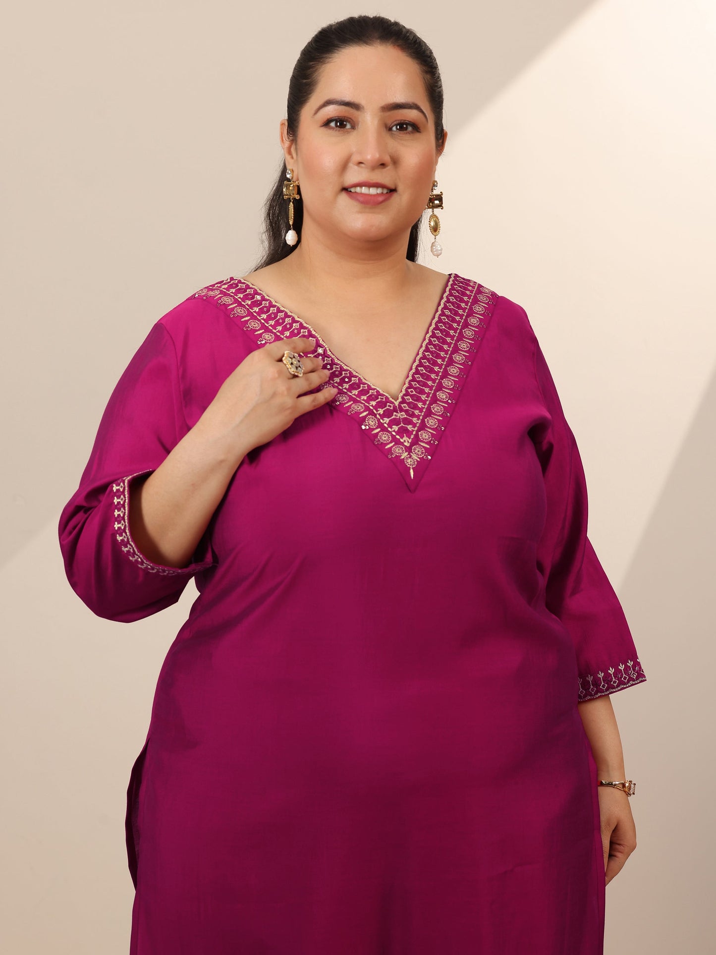 Plus Size Burgundy Yoke Design Silk Blend Straight Suit Set With Dupatta