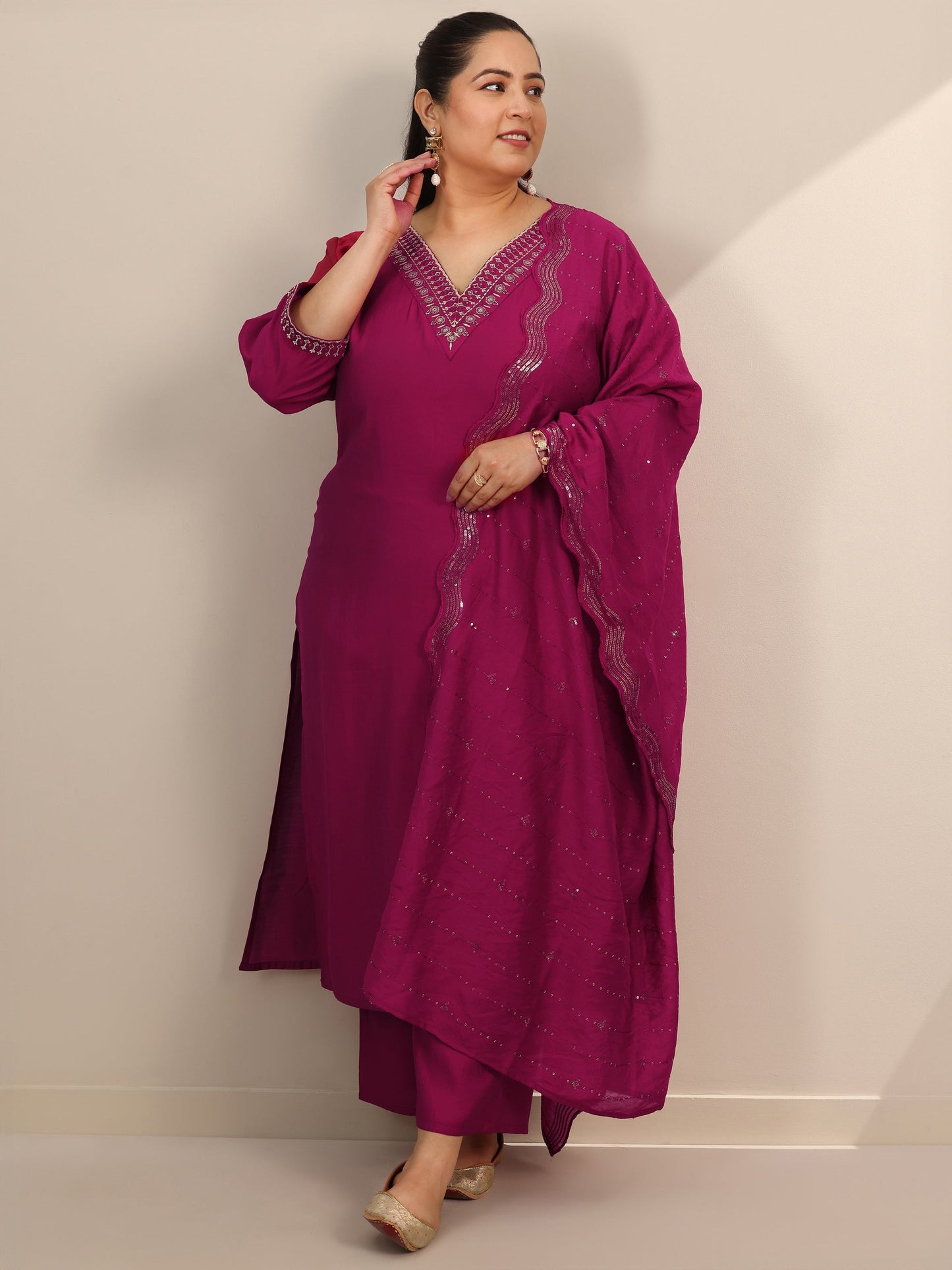 Plus Size Burgundy Yoke Design Silk Blend Straight Suit Set With Dupatta