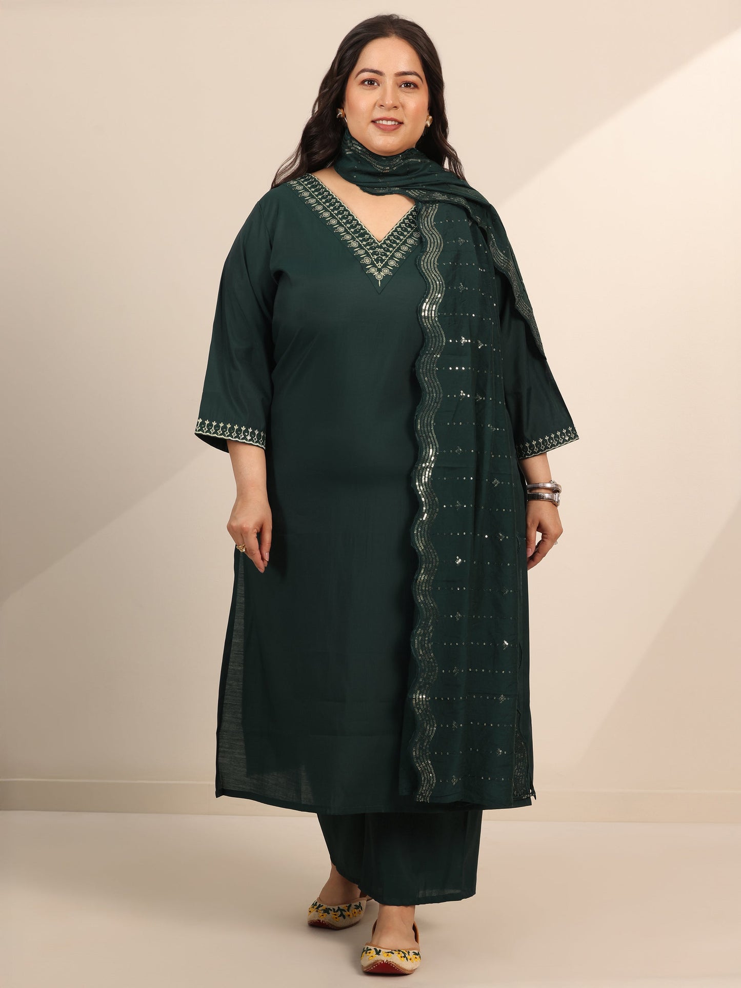 Plus Size Teal Yoke Design Silk Blend Straight Suit Set With Dupatta