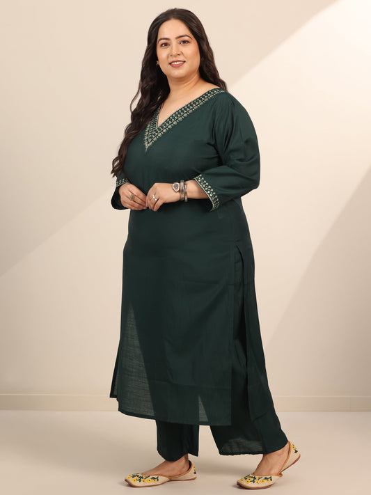 Plus Size Teal Yoke Design Silk Blend Straight Suit Set With Dupatta