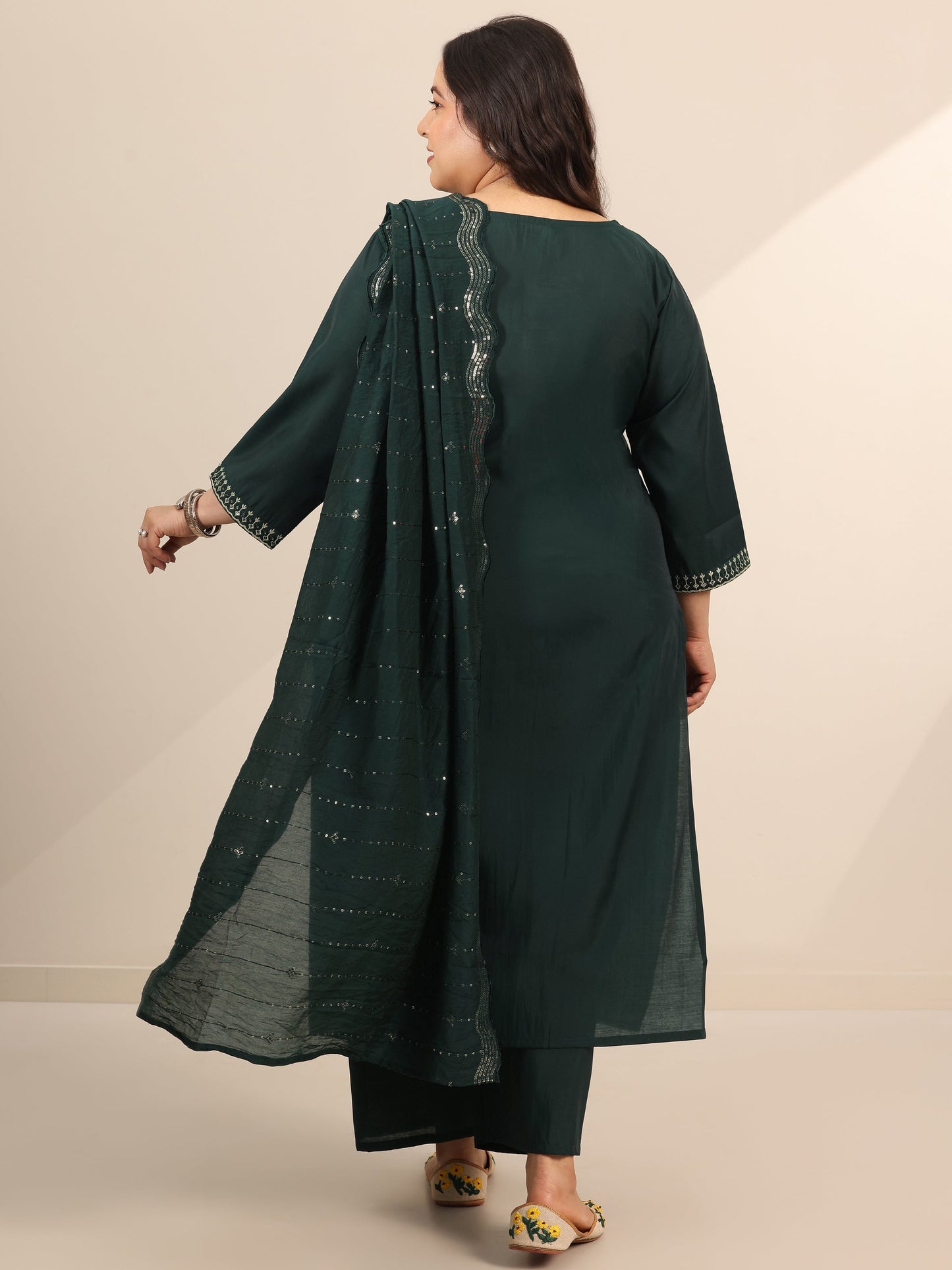 Plus Size Teal Yoke Design Silk Blend Straight Suit Set With Dupatta