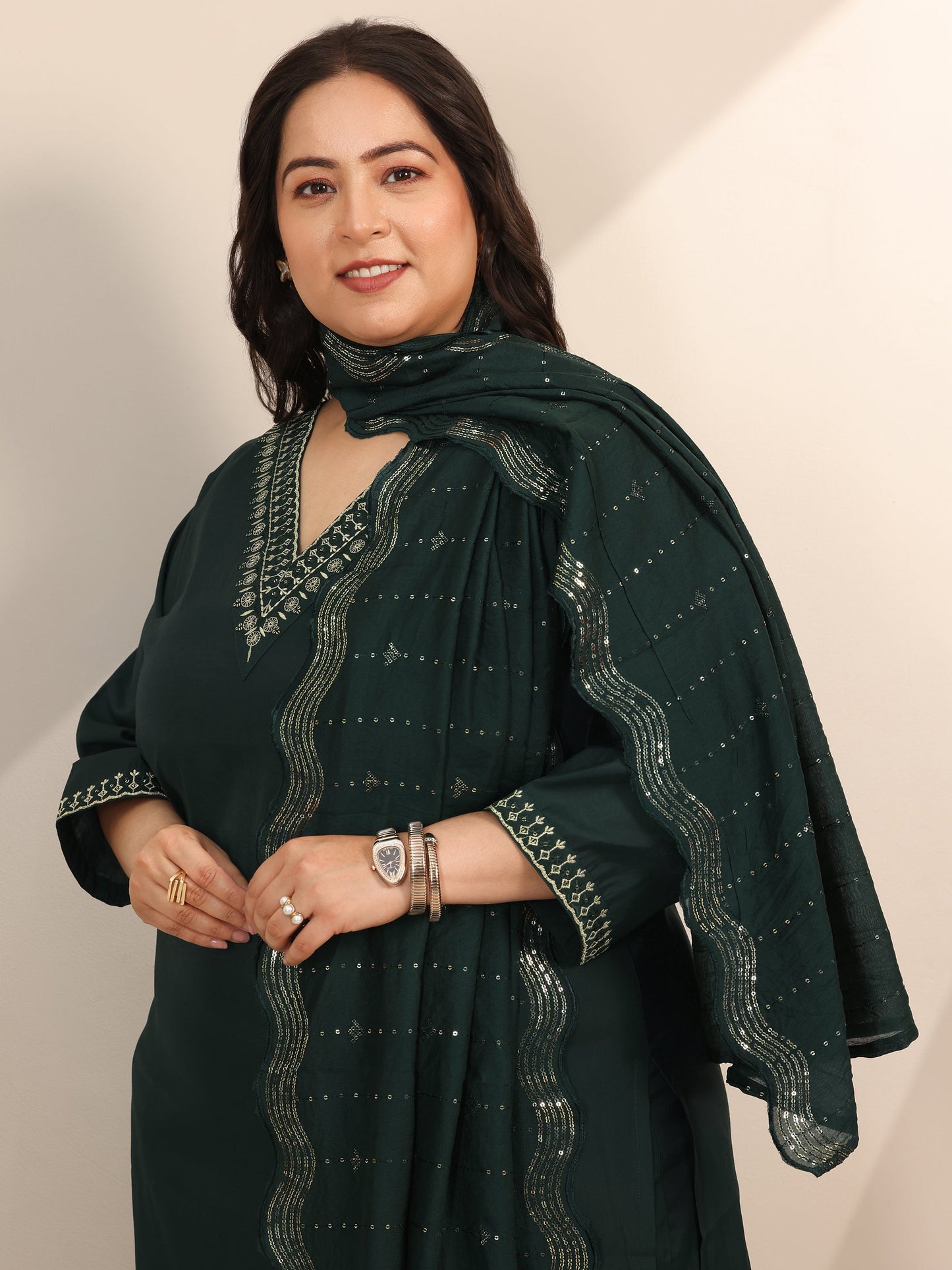 Plus Size Teal Yoke Design Silk Blend Straight Suit Set With Dupatta