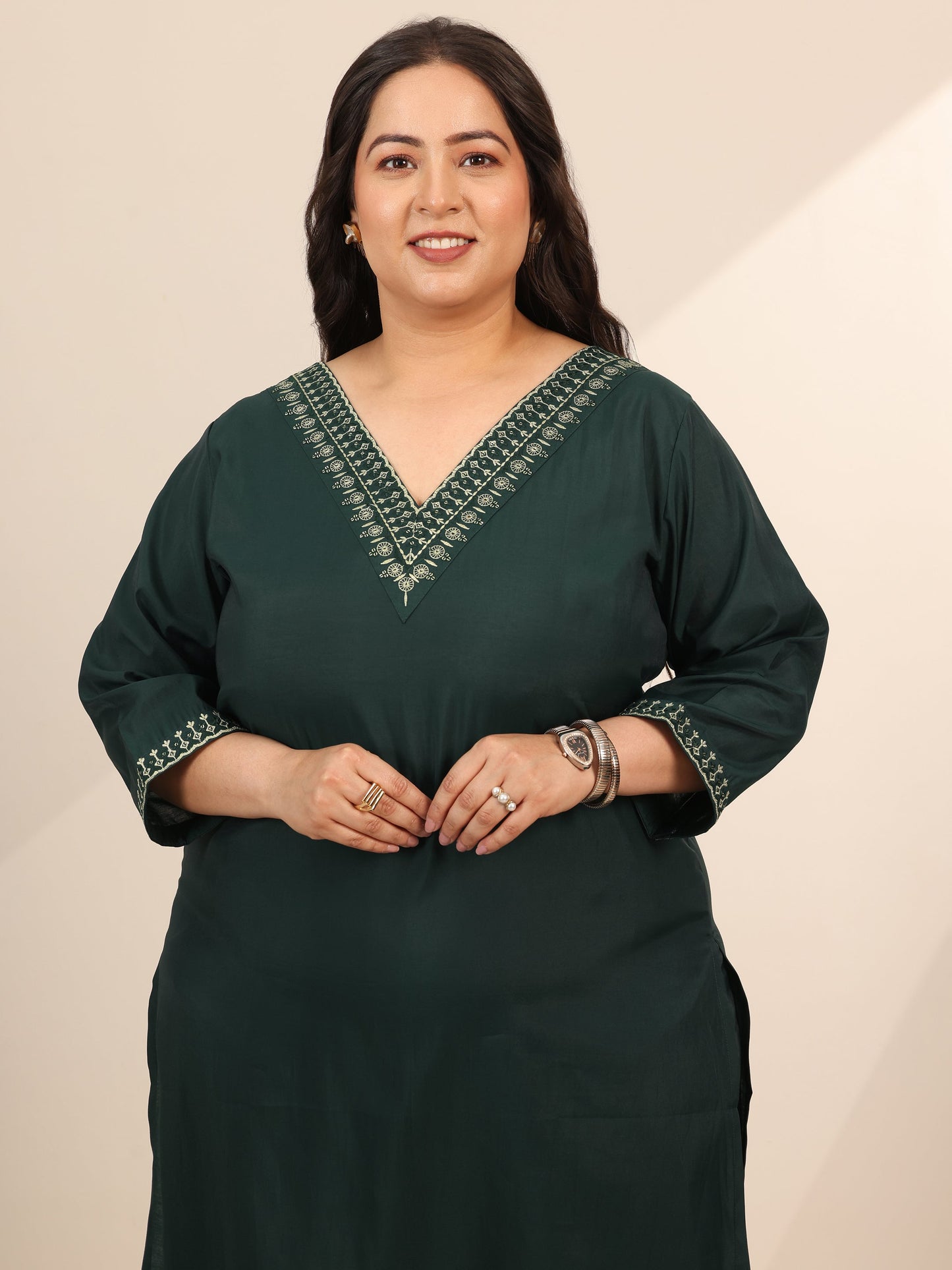 Plus Size Teal Yoke Design Silk Blend Straight Suit Set With Dupatta